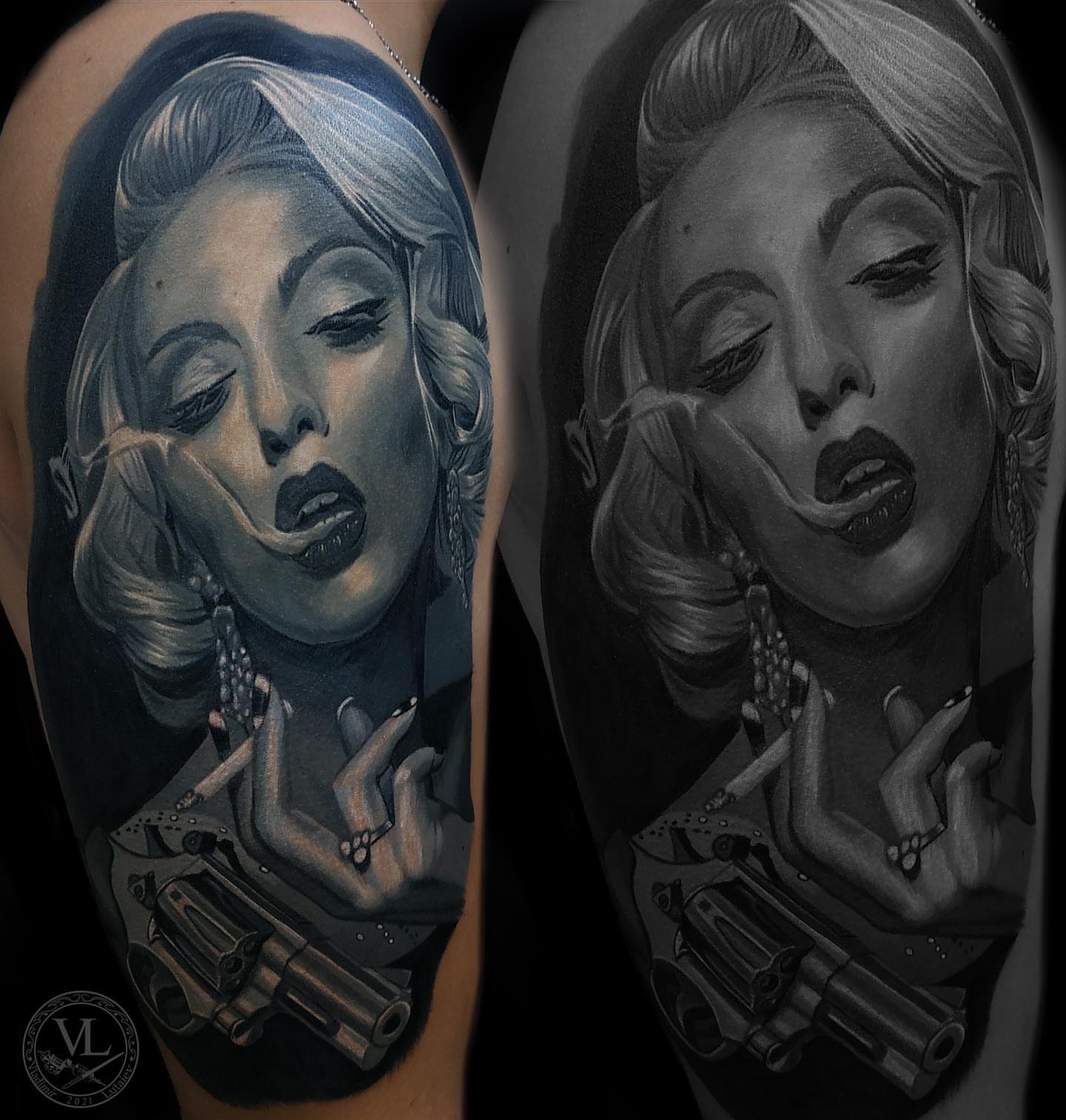 Woman with guns realism tattoo on the upper arm by Vladimir Lutaev