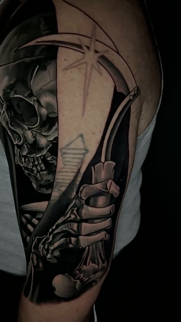 Grim reaper and skull dark realism tattoo by Travis Chick