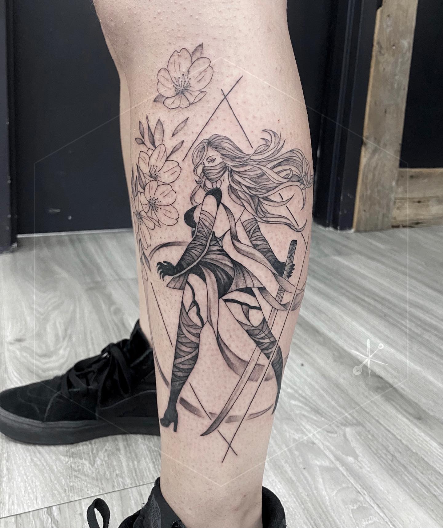 Anime warrior anime tattoo on the thigh by Jax Citriglia