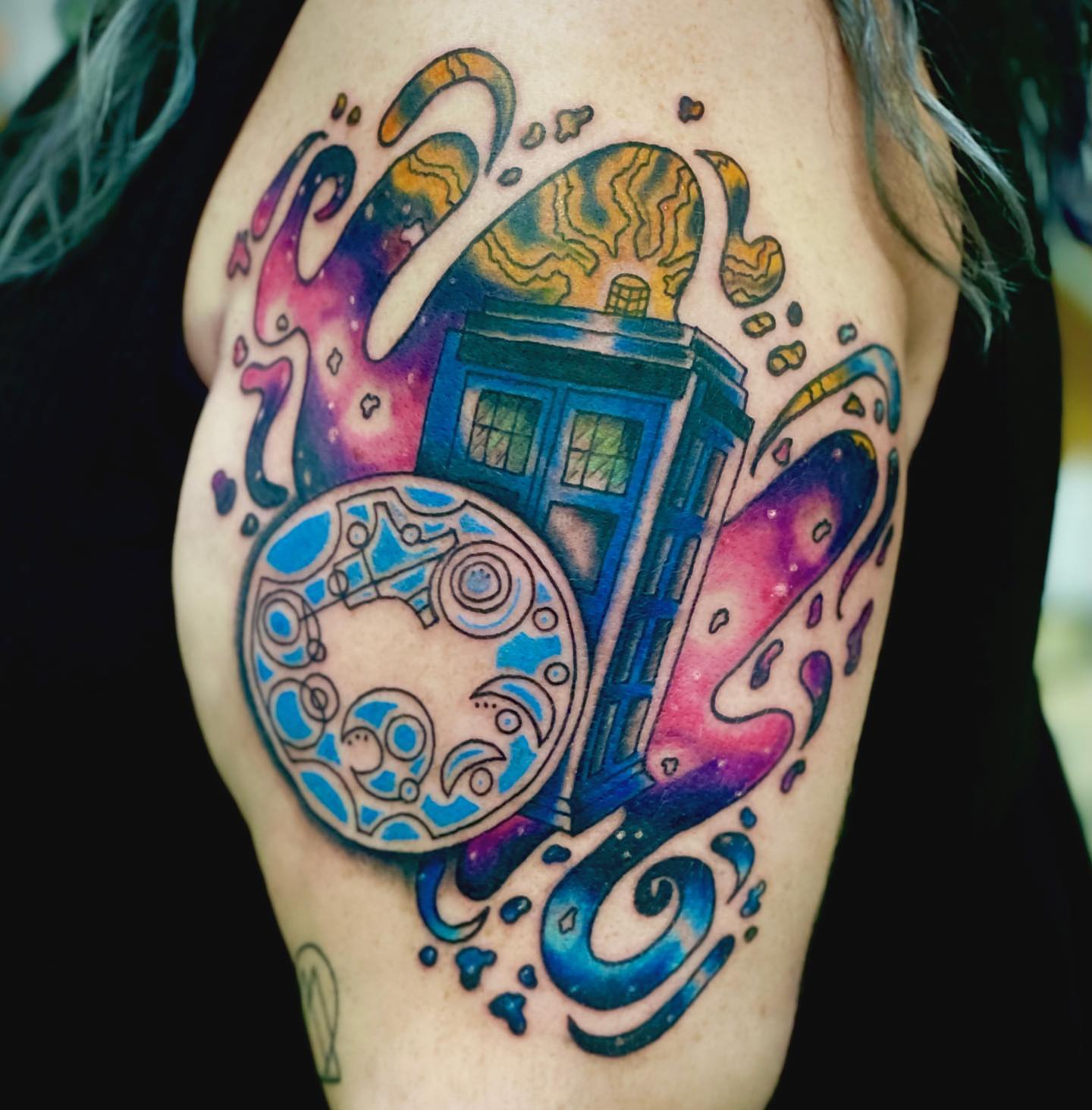 TARDIS new school tattoo on the shoulder by Erin Stephens