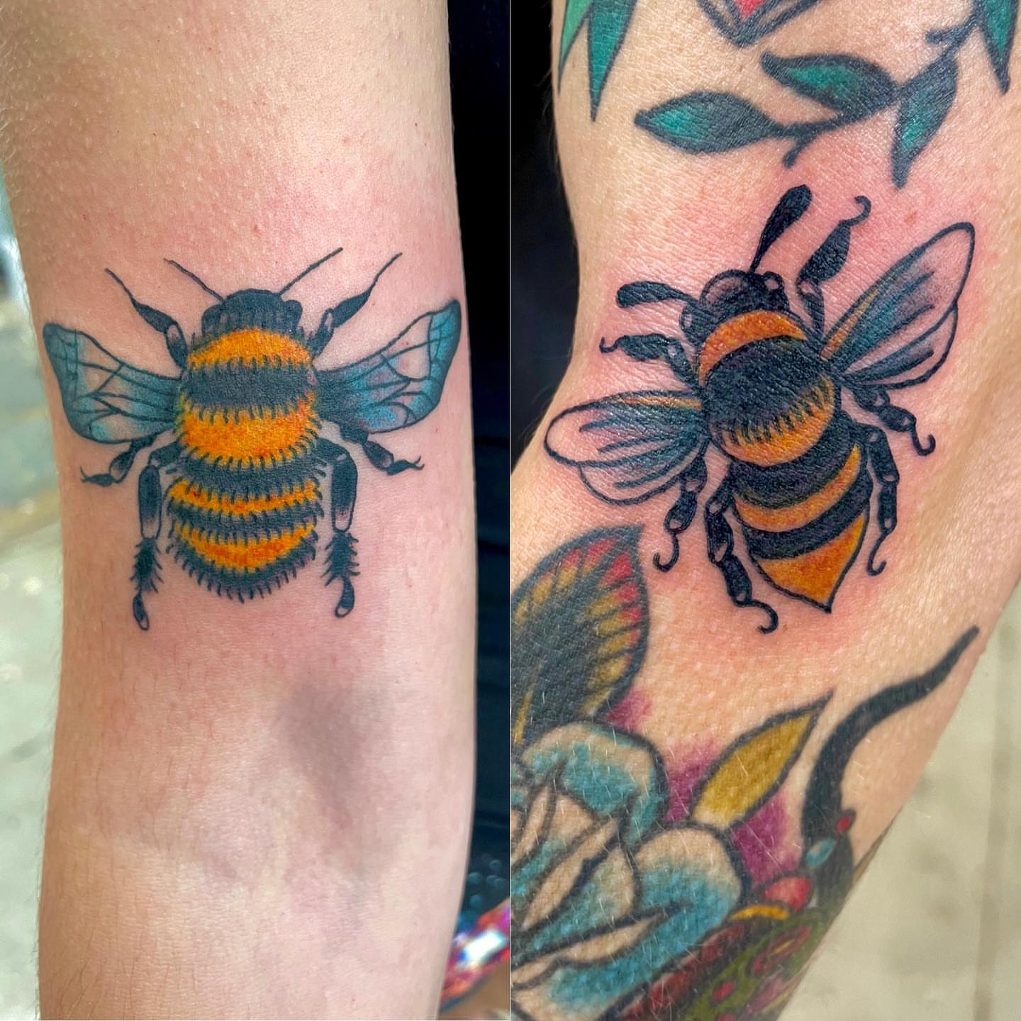 Bee American traditional tattoo on the forearm by Erin Stephens