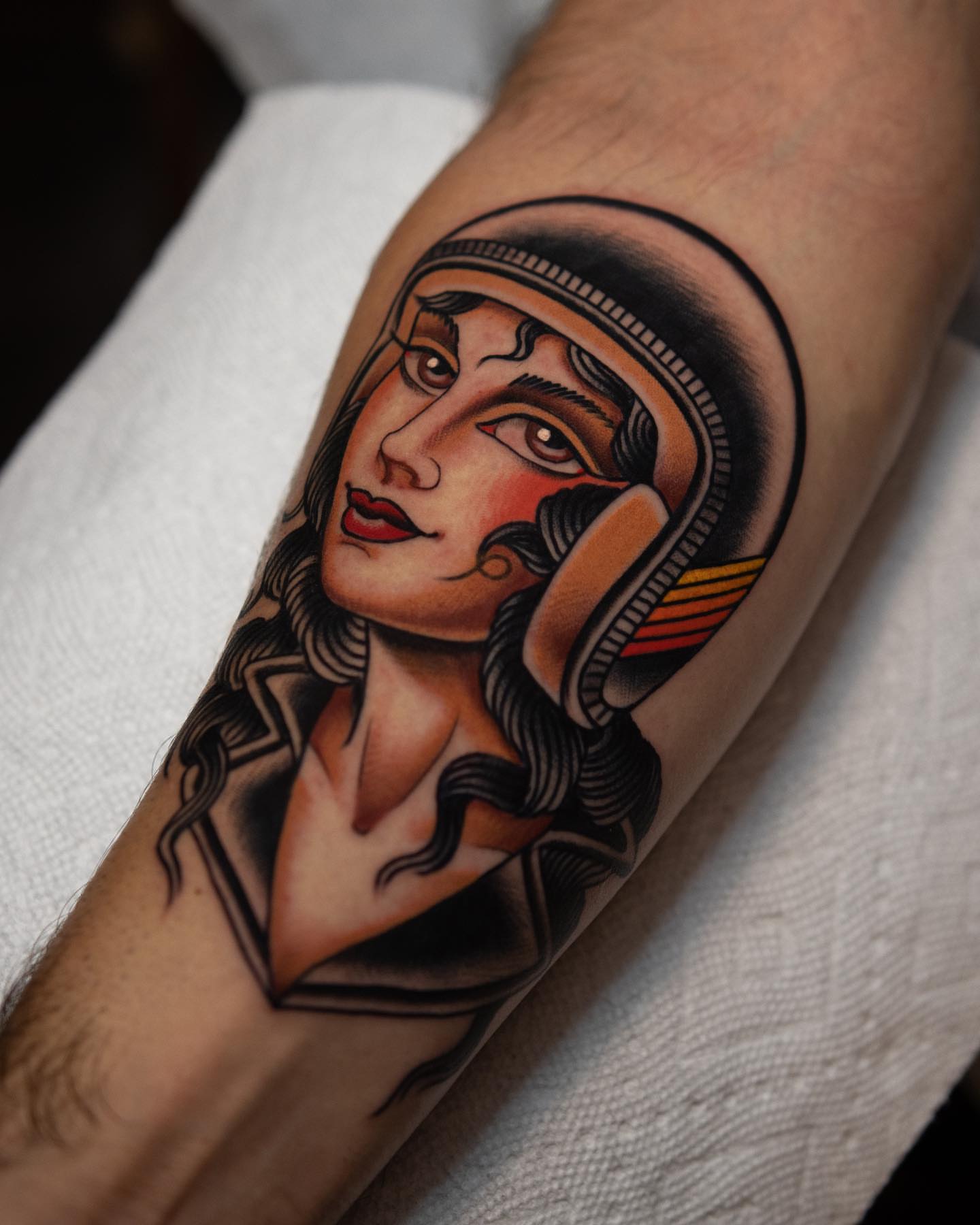 Aviatrix American traditional tattoo on the forearm by Danny Derrick, San Luis Obispo, California