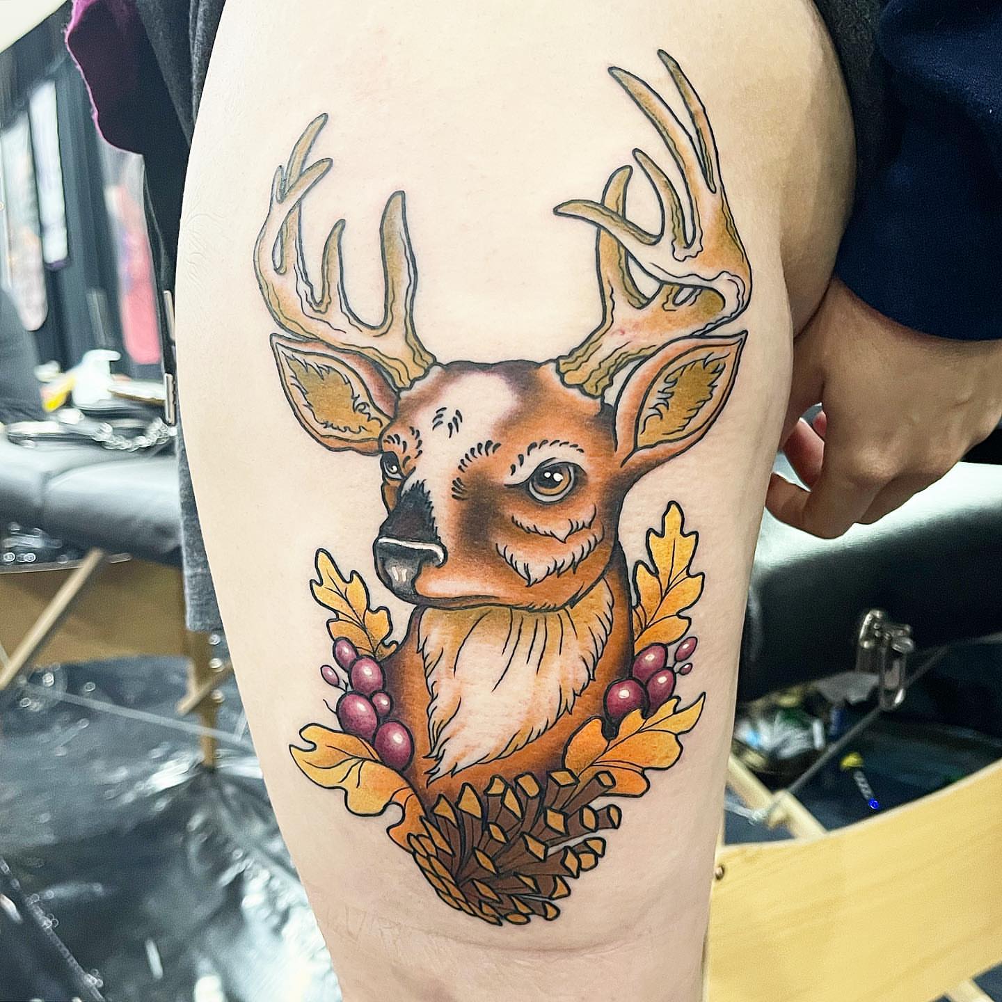 Deer realism tattoo on the thigh by Zack Havoc
