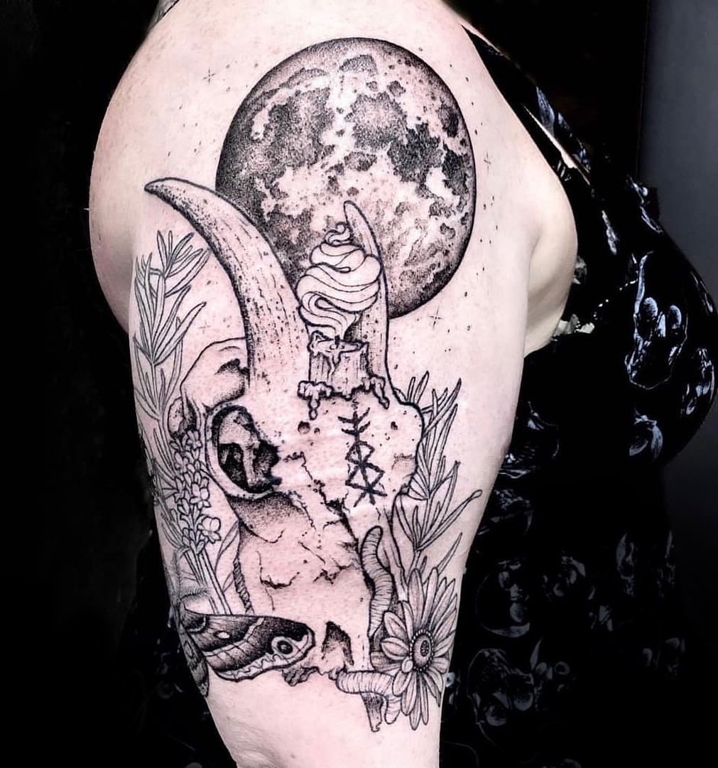 Tattoo by @therubygore — dotwork, black_and_grey