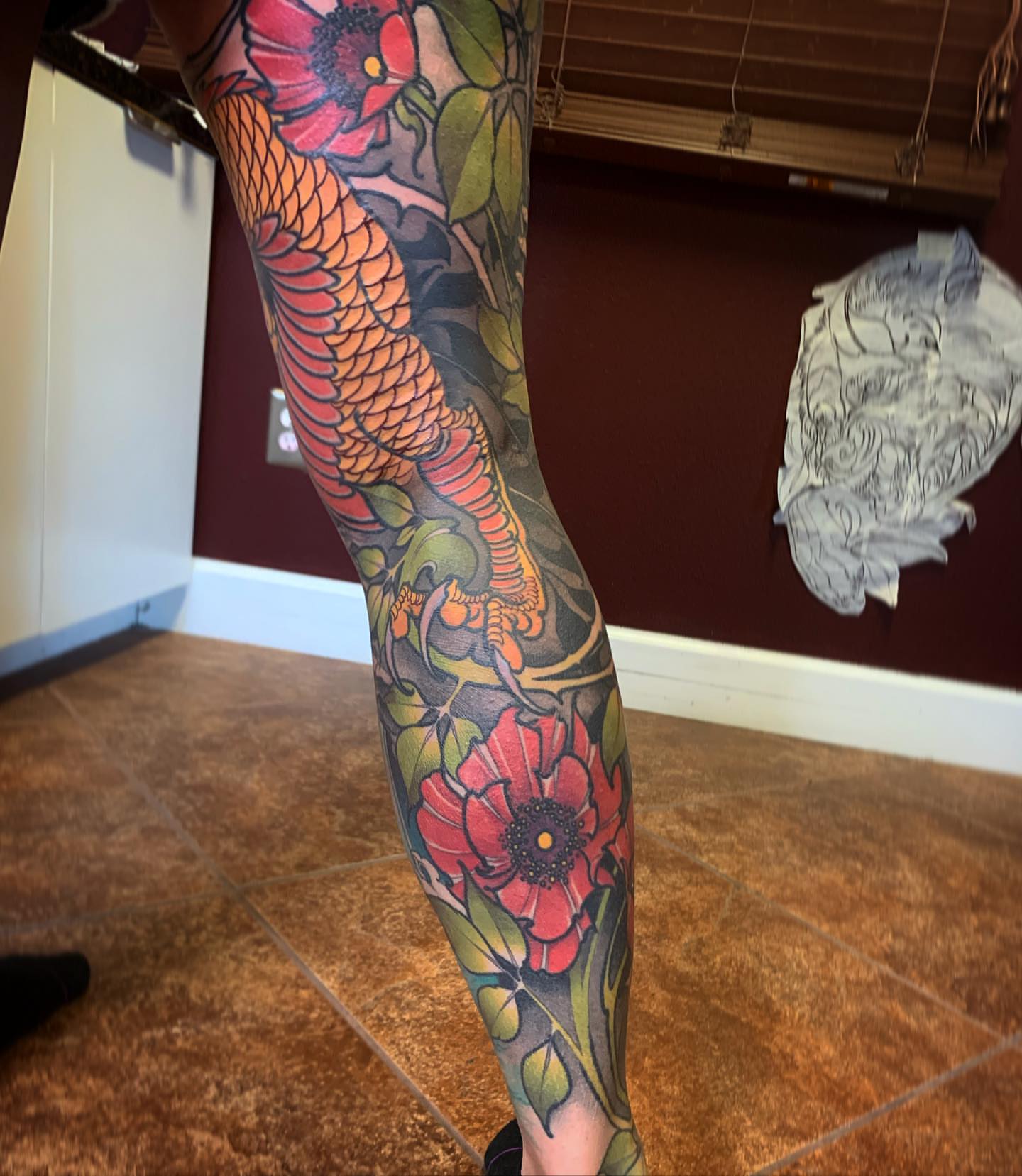Koi fish and poppies japanese irezumi tattoo on the leg by Jeff Norton, Atascadero, California