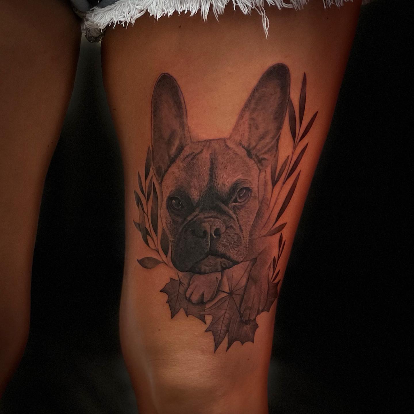French bulldog realism tattoo on the thigh by Jeremiah Warner