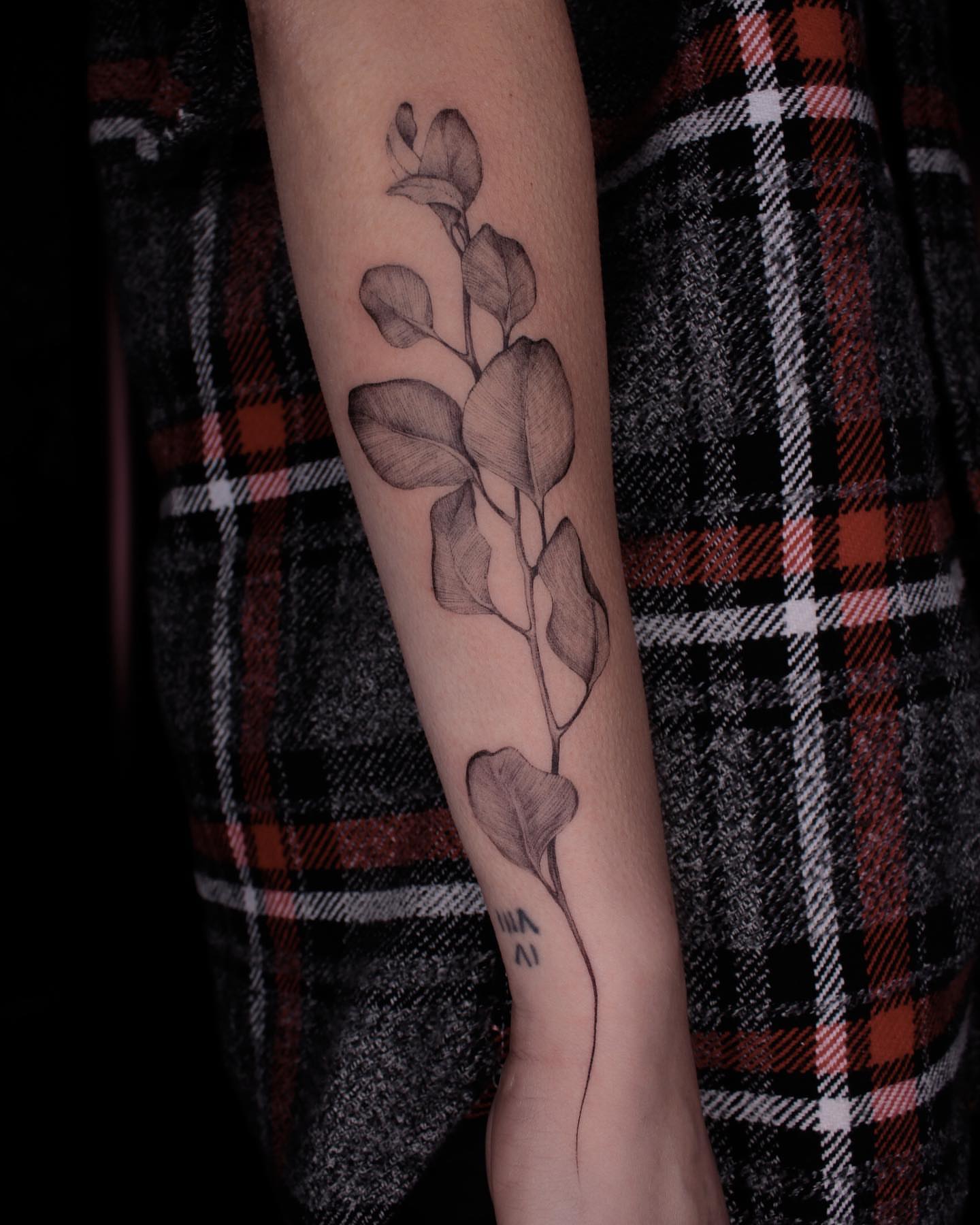 Eucalyptus branch black and grey tattoo on the forearm by Tattoo Artist