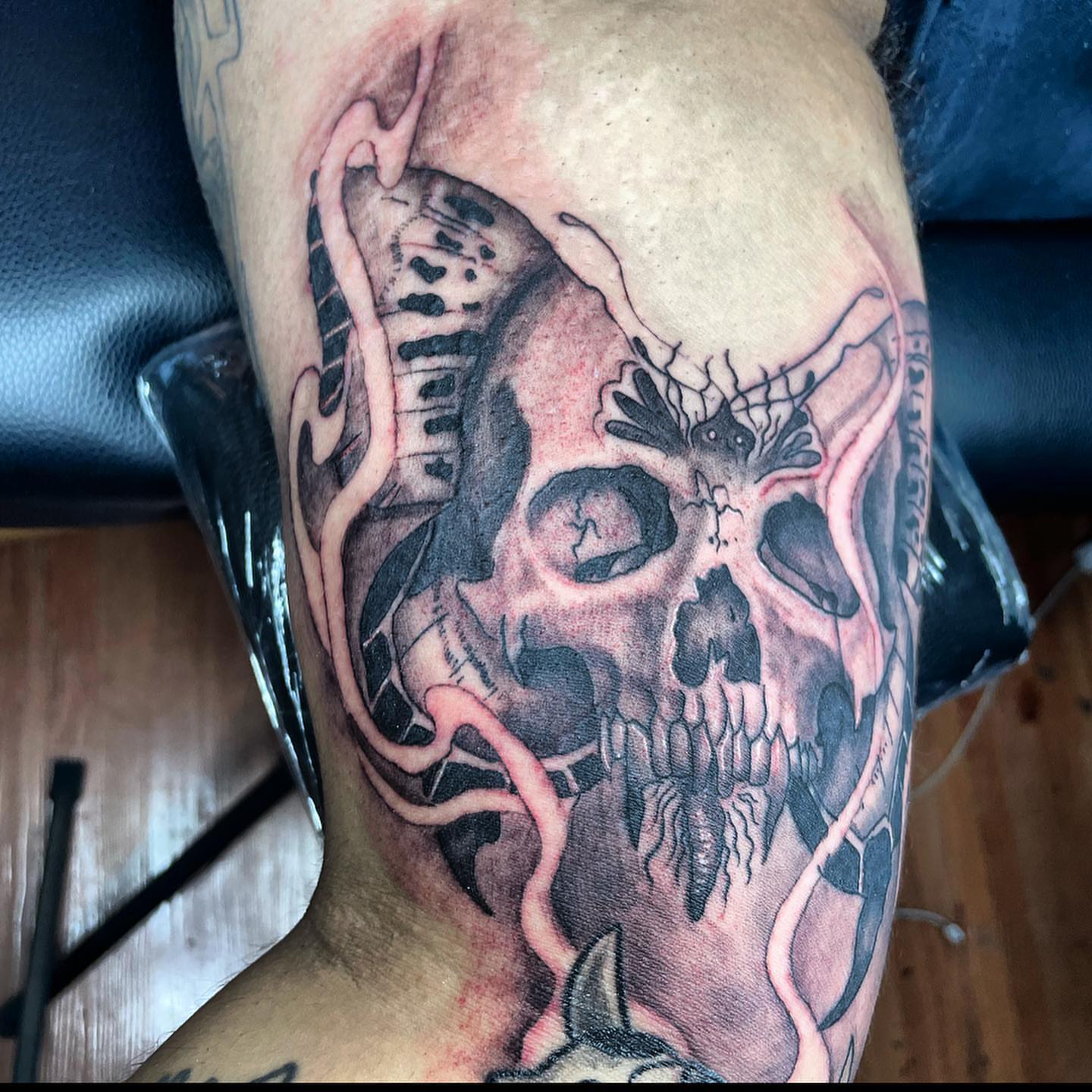 Skull realism tattoo on the thigh by Immortal BAYAREA TATTOO ARTIST