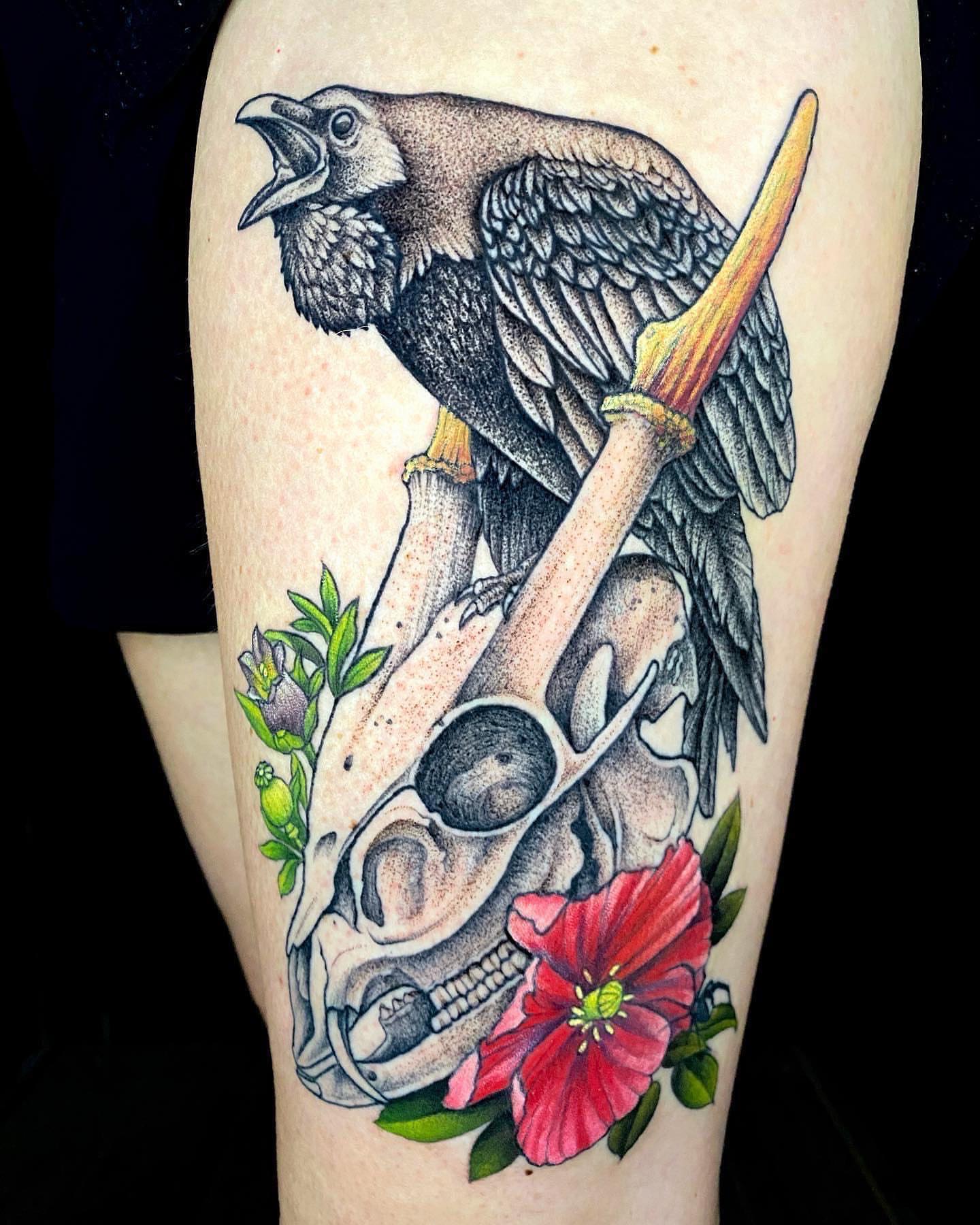 Raven and skull realism tattoo on the thigh by Ruby Gore, Portland, Oregon