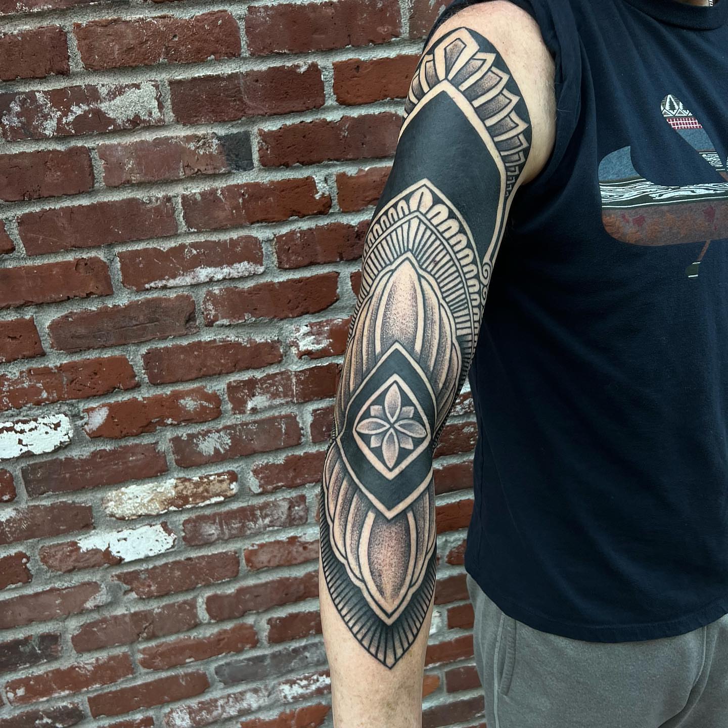 Geometric pattern geometric tattoo on the forearm by Ałex, Portland, Oregon