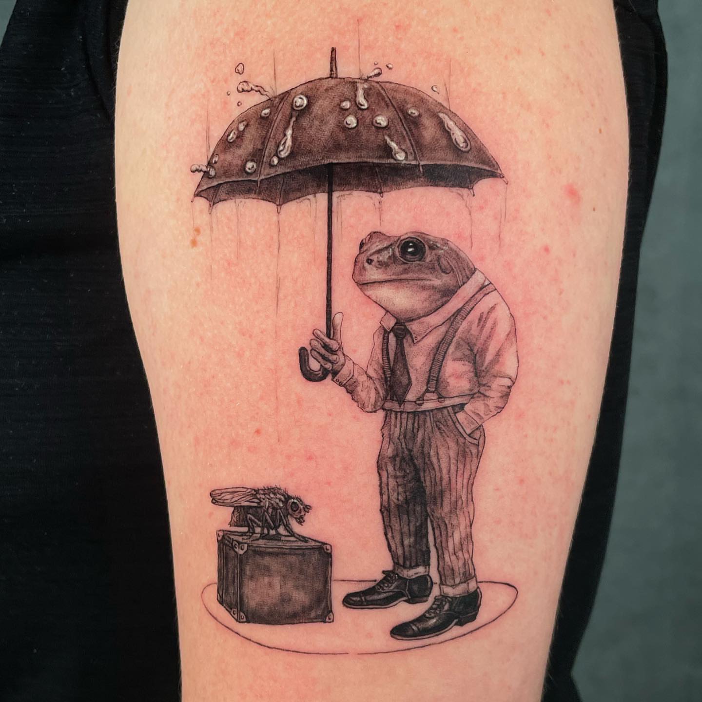 Frogs in suits realism tattoo on the thigh by eugene k 🌈, San Francisco, California