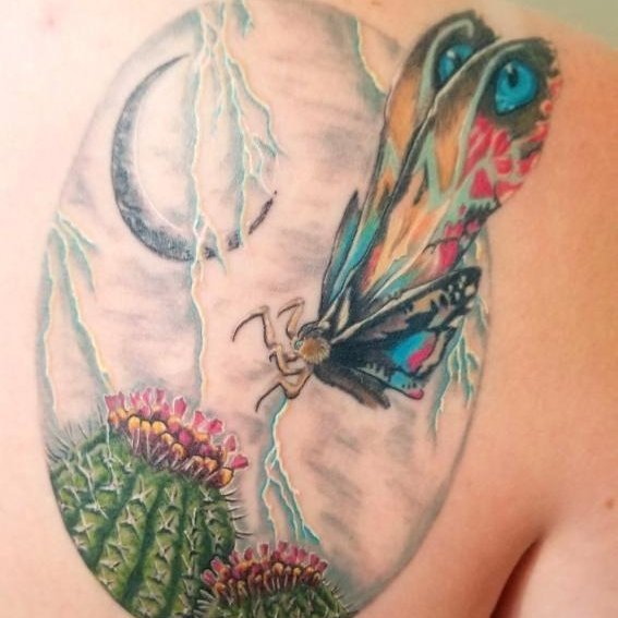 Butterfly and cactus new school tattoo on the shoulder by Shar - Utah Tattoo Artist