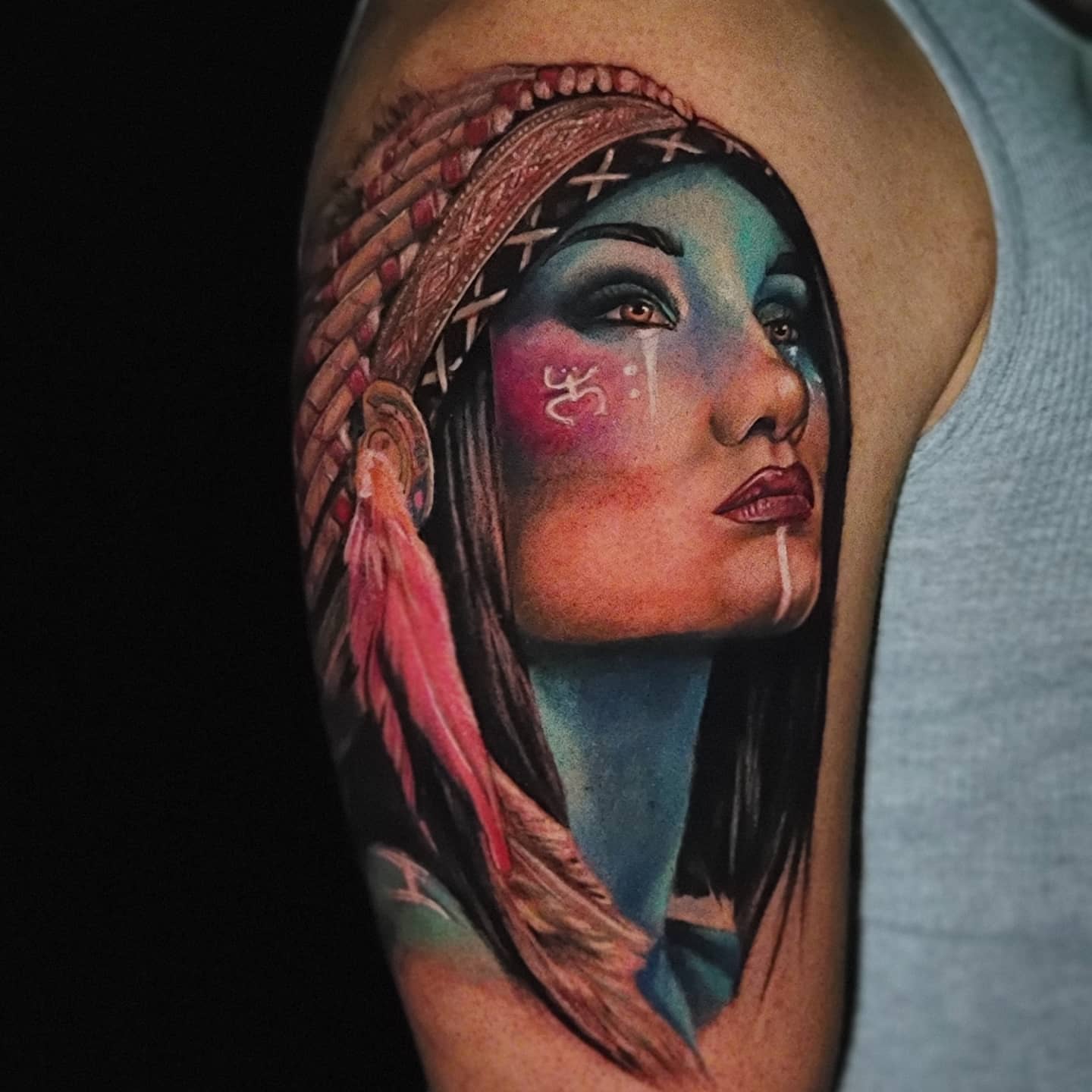 Indian woman realism tattoo on the shoulder by Elidia Veliz