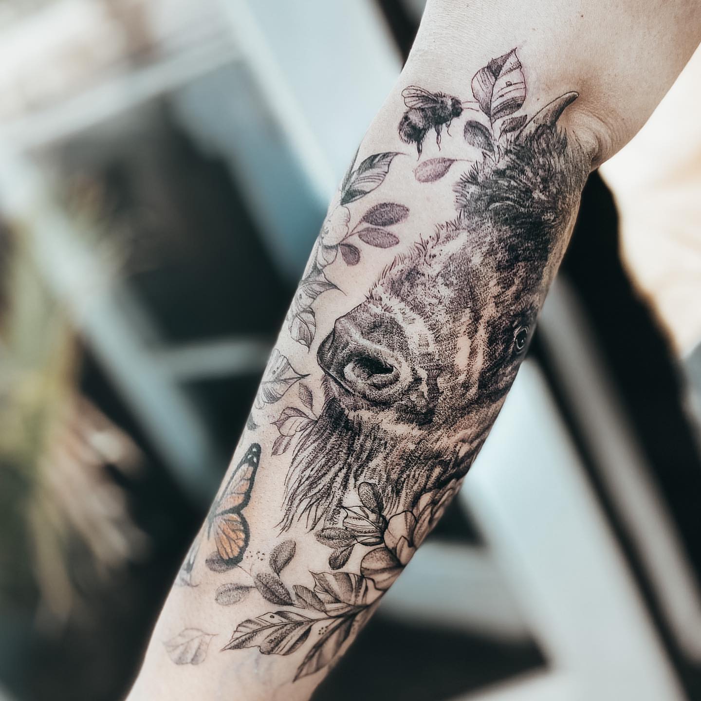 Buffalo dotwork tattoo on the forearm by Ayauna Mai