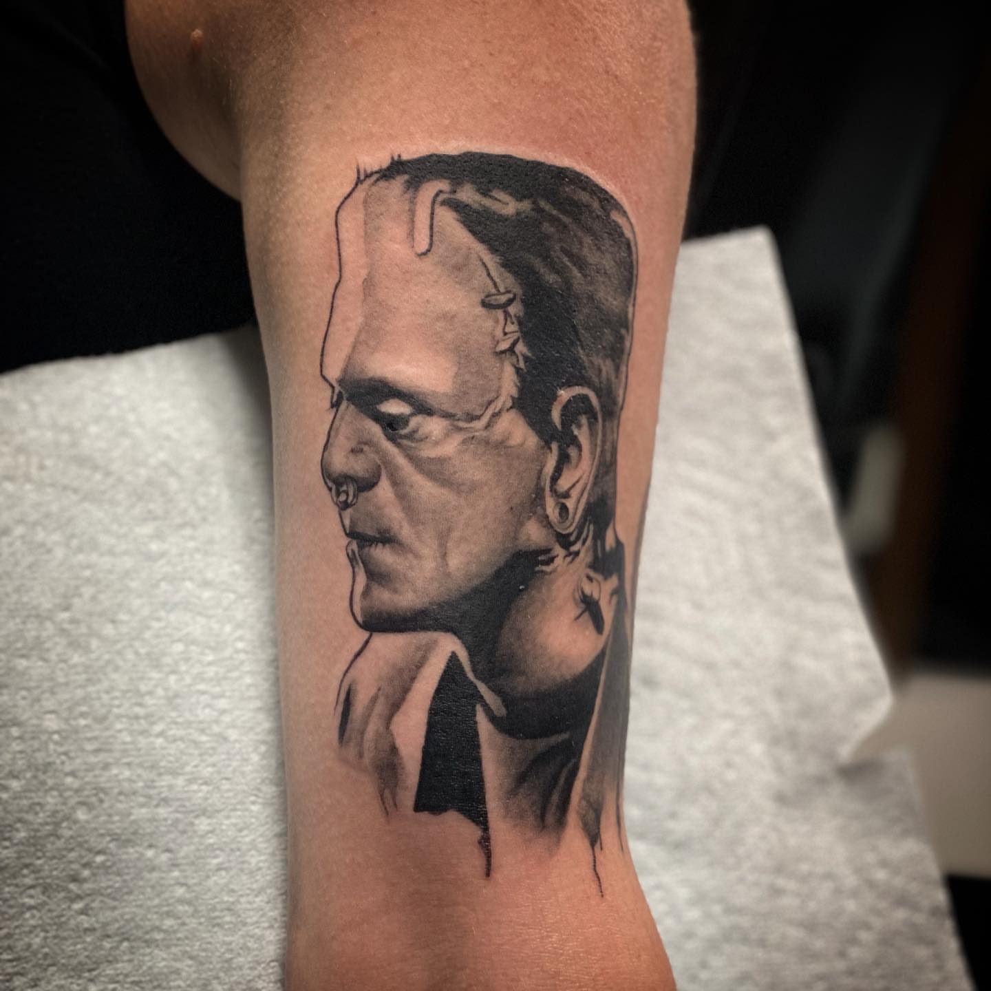Frankenstein realism tattoo on the forearm by 🦇💀Matt Perlman💀🦇