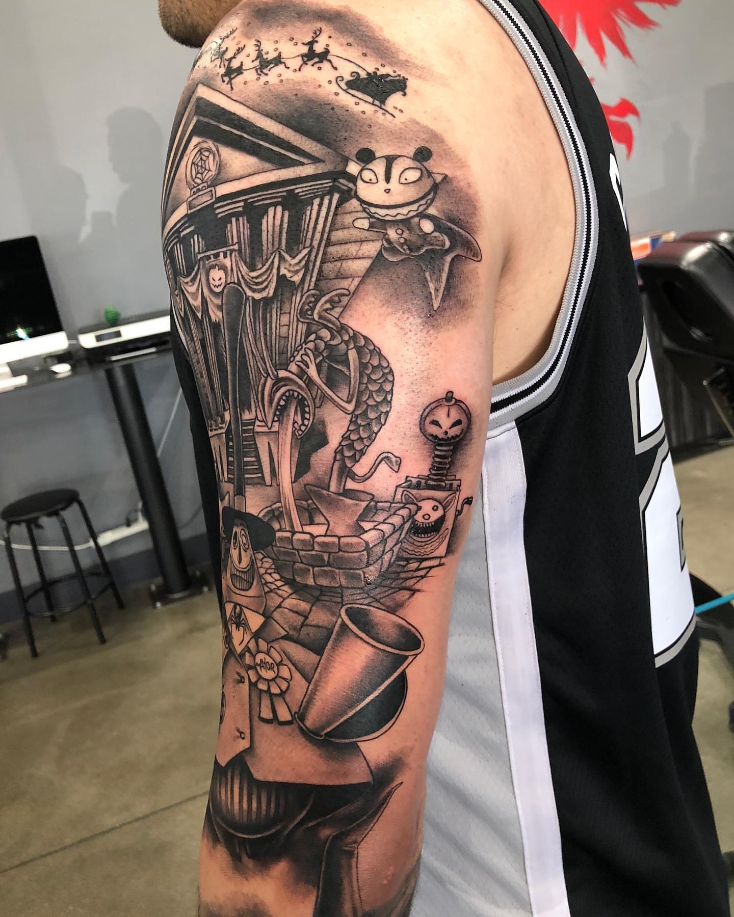 Dark fantasy scene dark realism tattoo on the upper arm by Walter Frank
