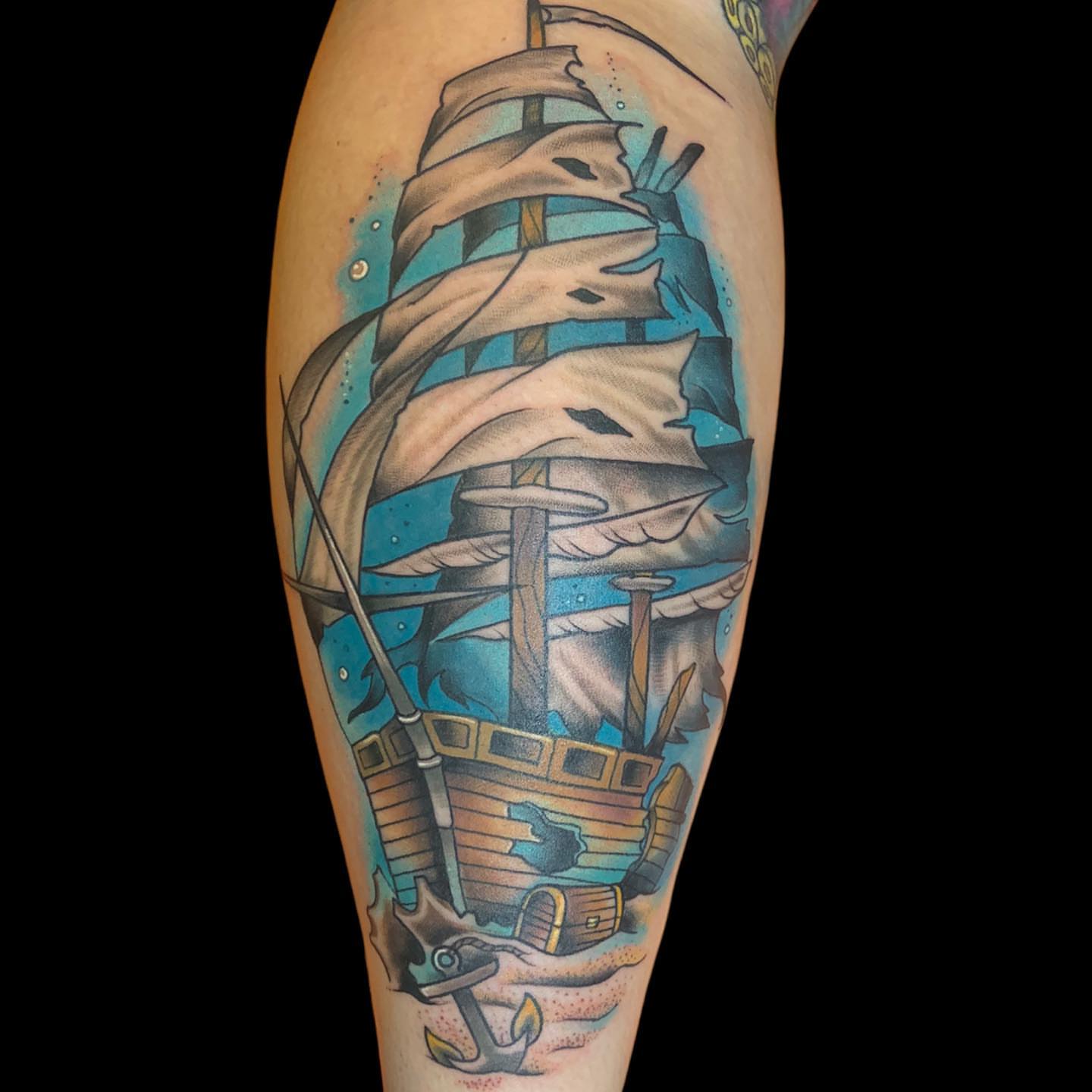 Ship realism tattoo on the forearm by Brad Sterling
