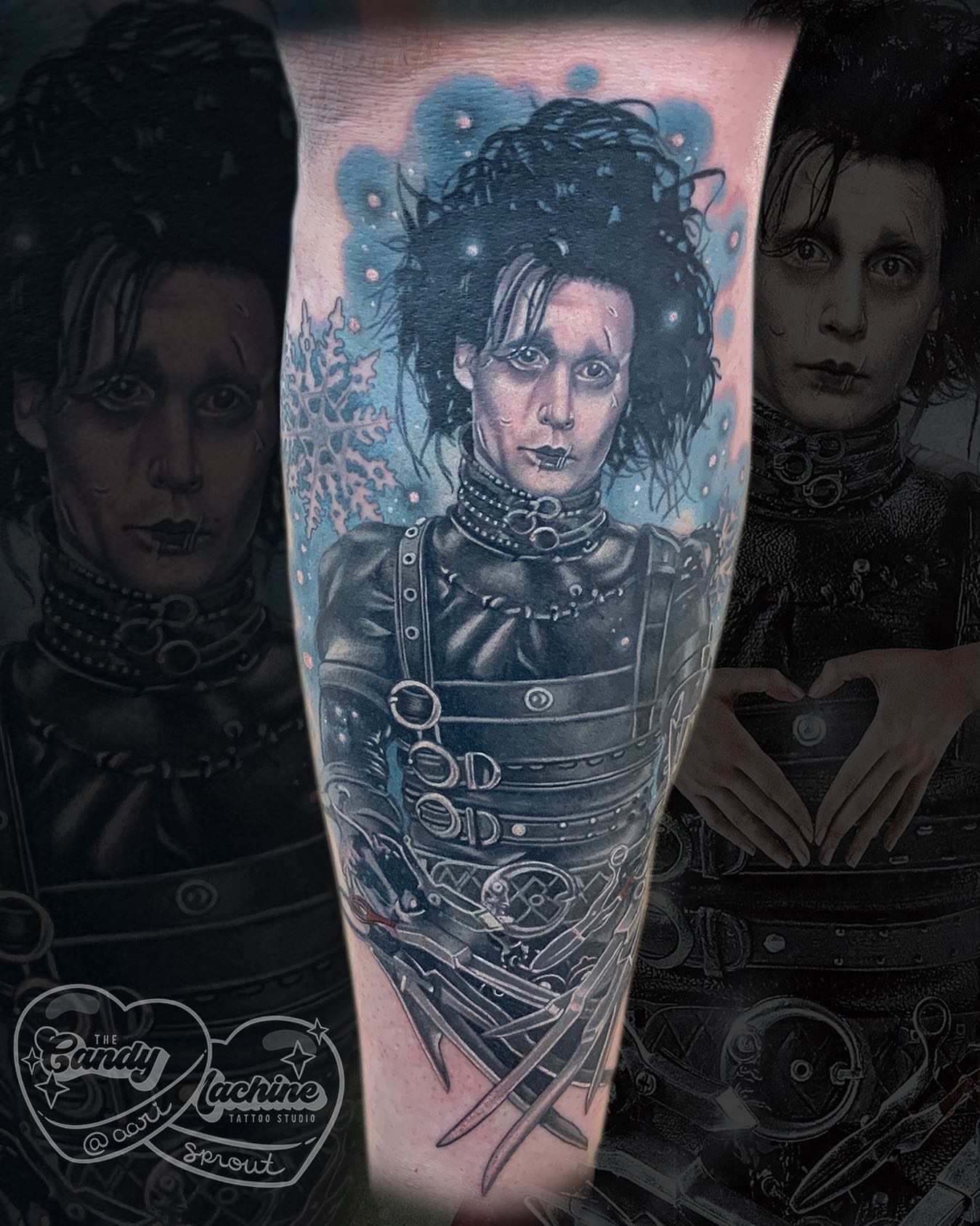Edward Scissorhands dark realism tattoo on the forearm by Ariel Robinson