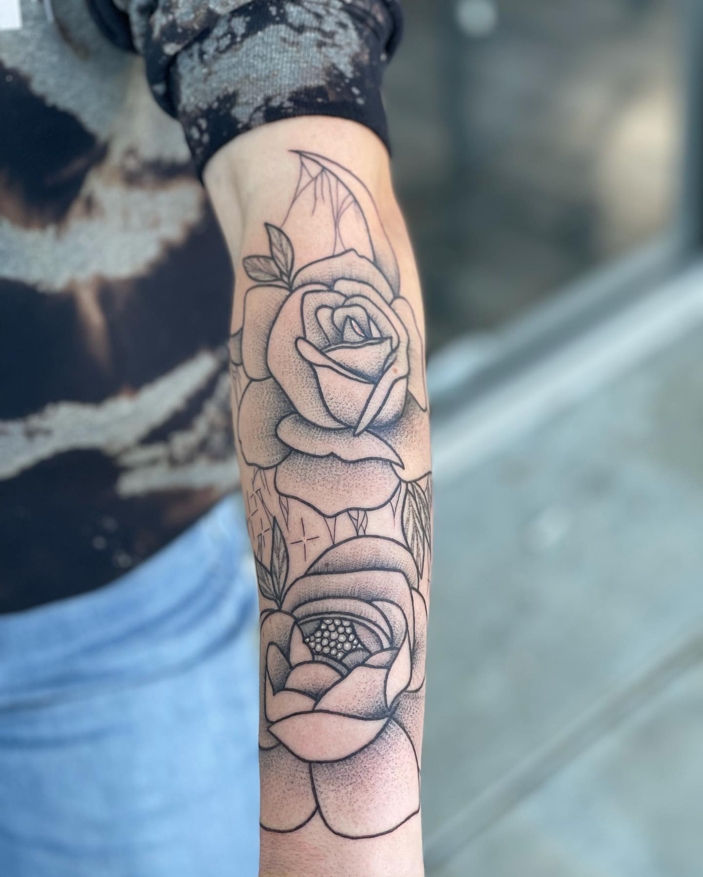 Rose dotwork tattoo on the forearm by Beans