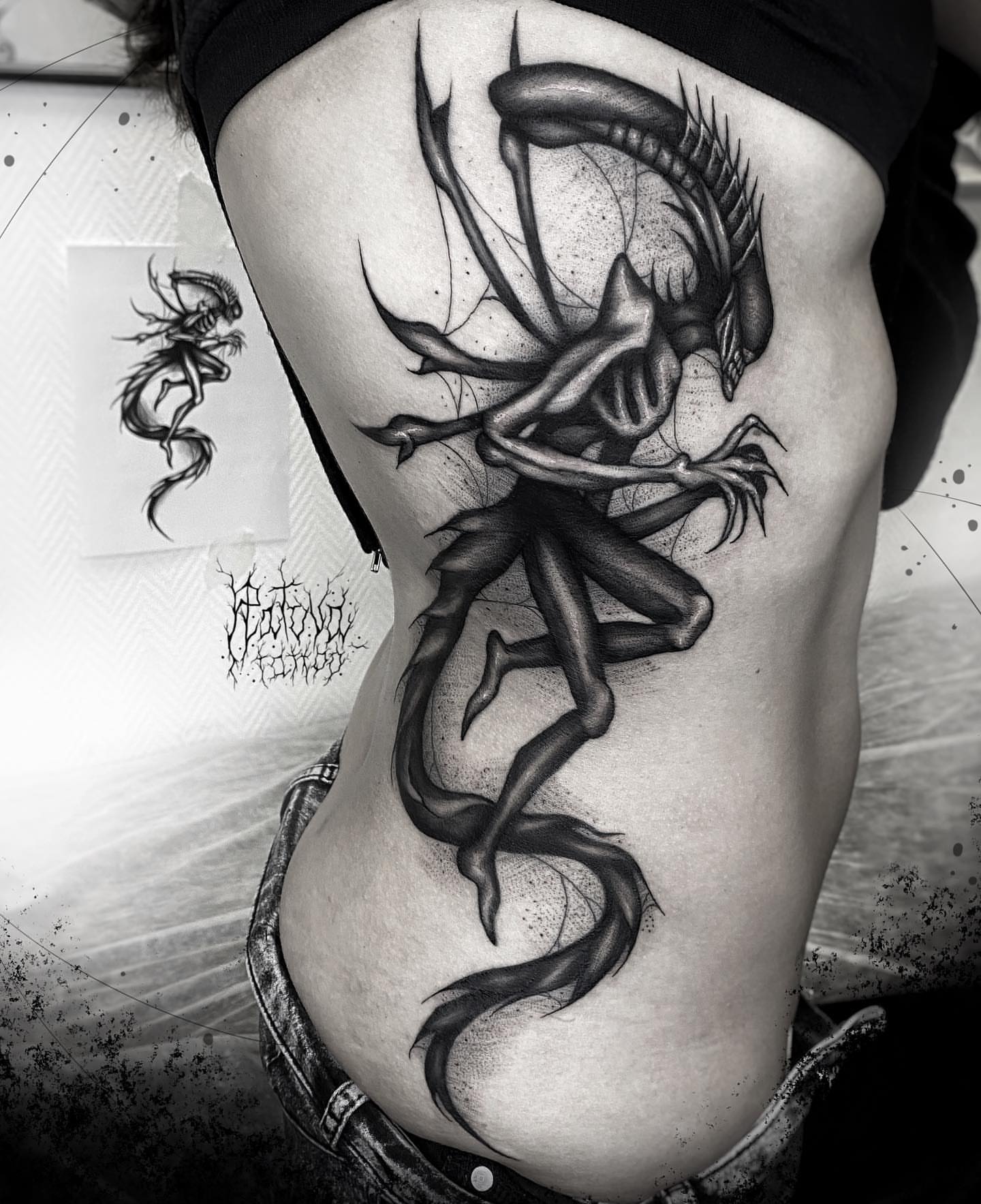 Alien creature realism tattoo on the thigh by Dark Gothic Tattoo