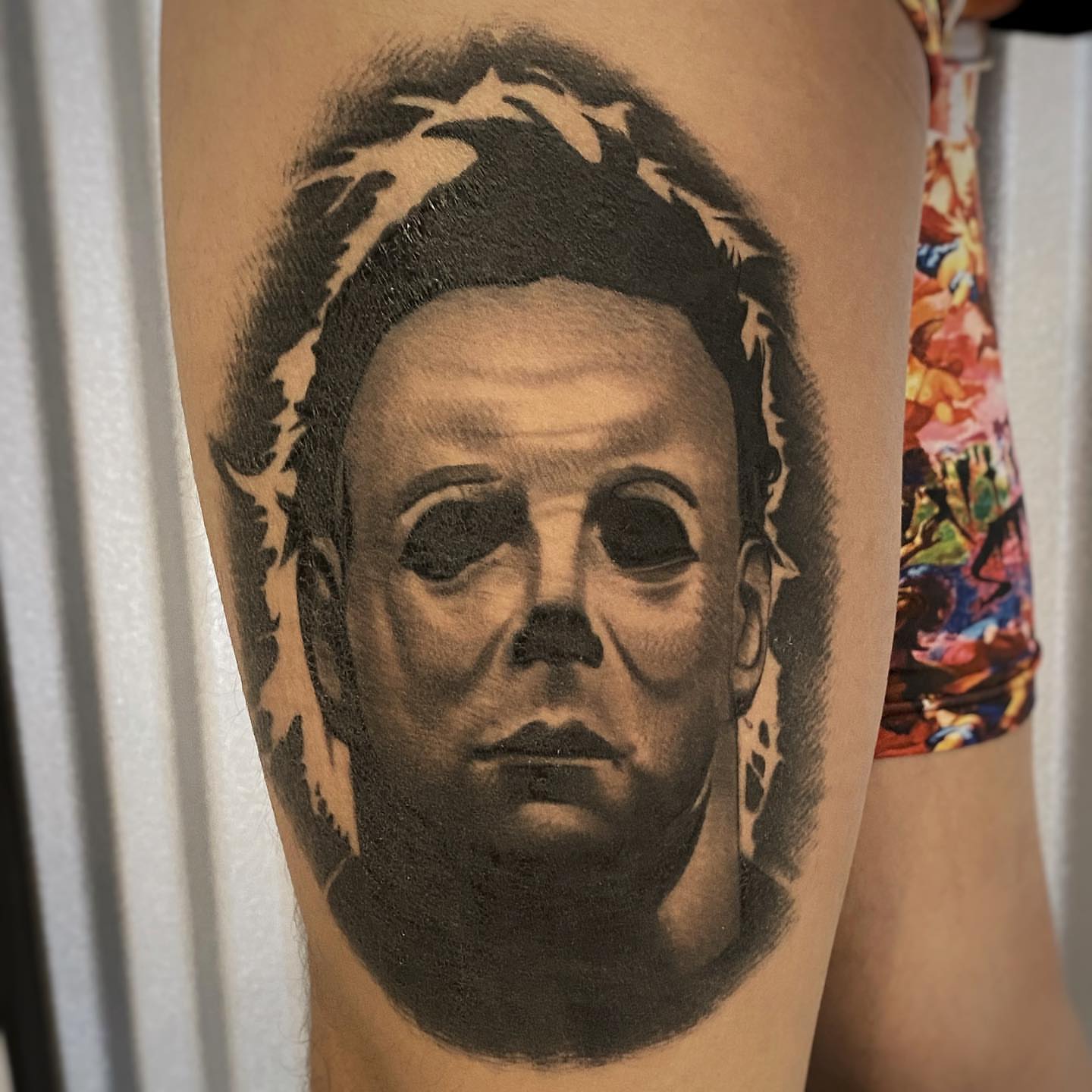 Michael Myers mask black and grey tattoo on the forearm by Bill Johenning, Lakewood, Ohio
