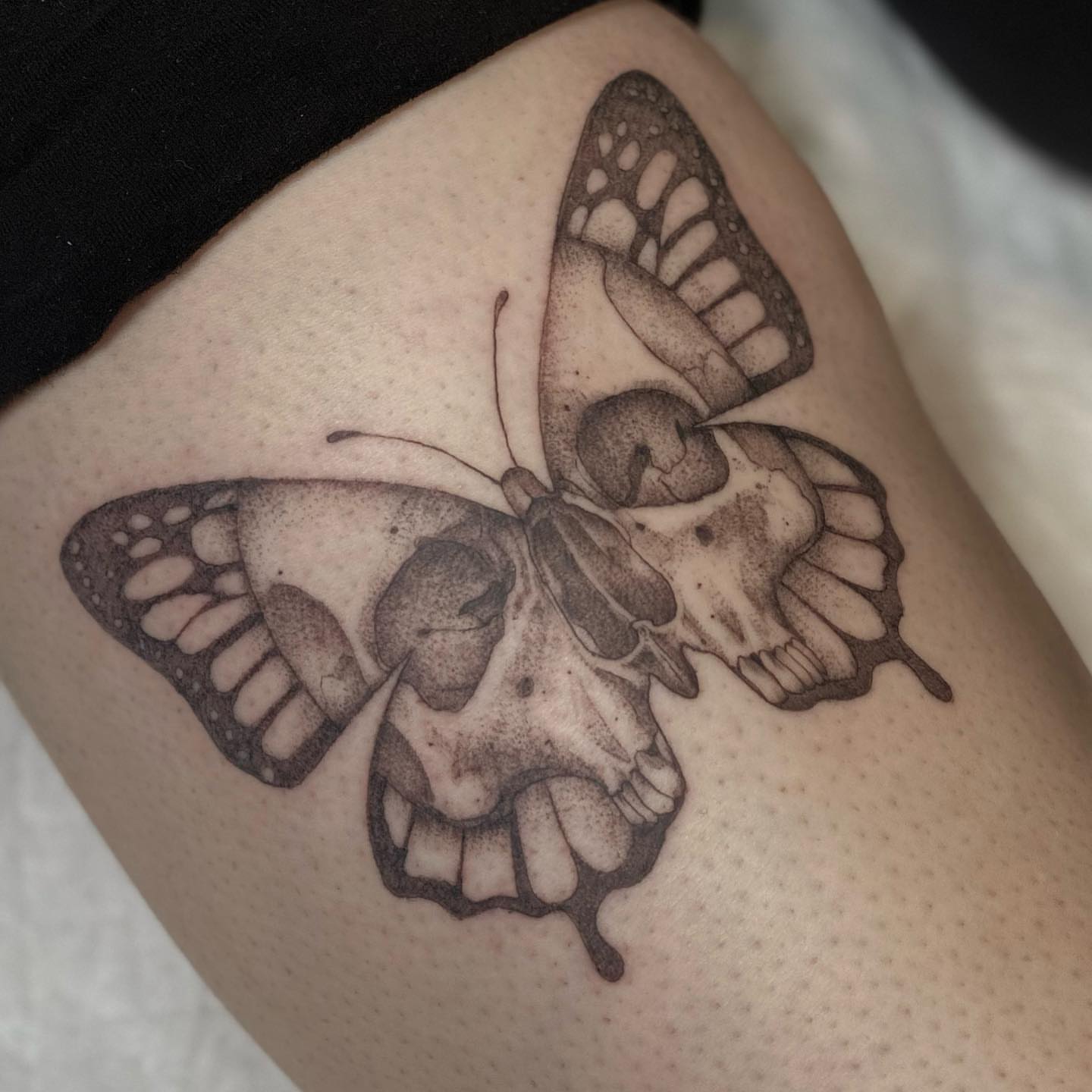 Butterfly dotwork tattoo on the thigh by Sam Fortney, Columbus, Ohio