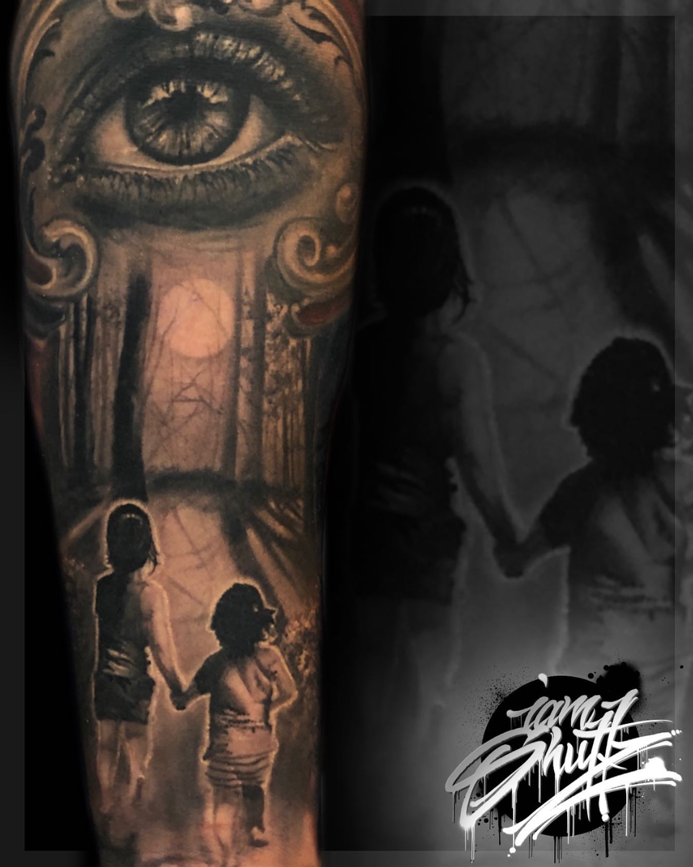 Eye and children realism tattoo on the forearm by Mike Shultz