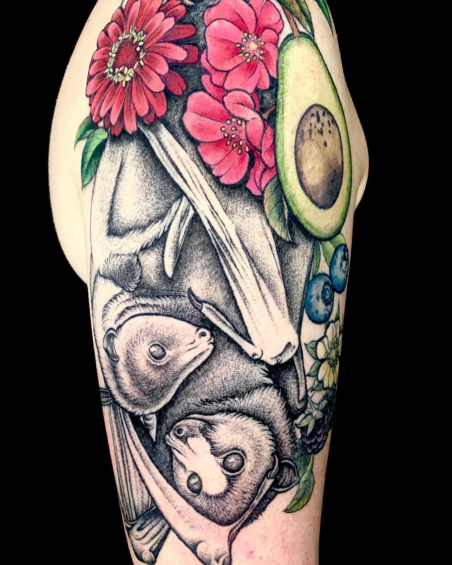 Sloths and flowers realism tattoo on the forearm by Ruby Gore, Portland, Oregon