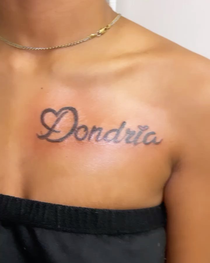 Dondria lettering script tattoo on the chest by InkByChing❤️🔥