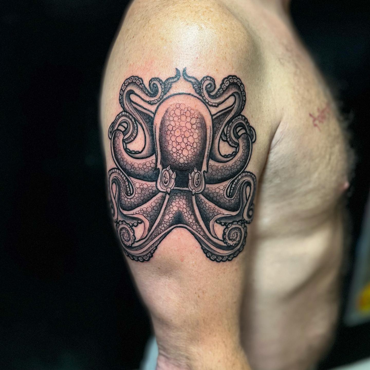 Octopus black and grey tattoo on the shoulder by Ałex, Portland, Oregon