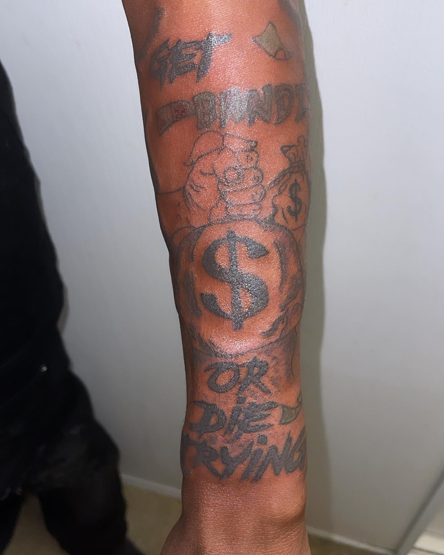 Money black and grey tattoo on the forearm by InkByChing❤️🔥