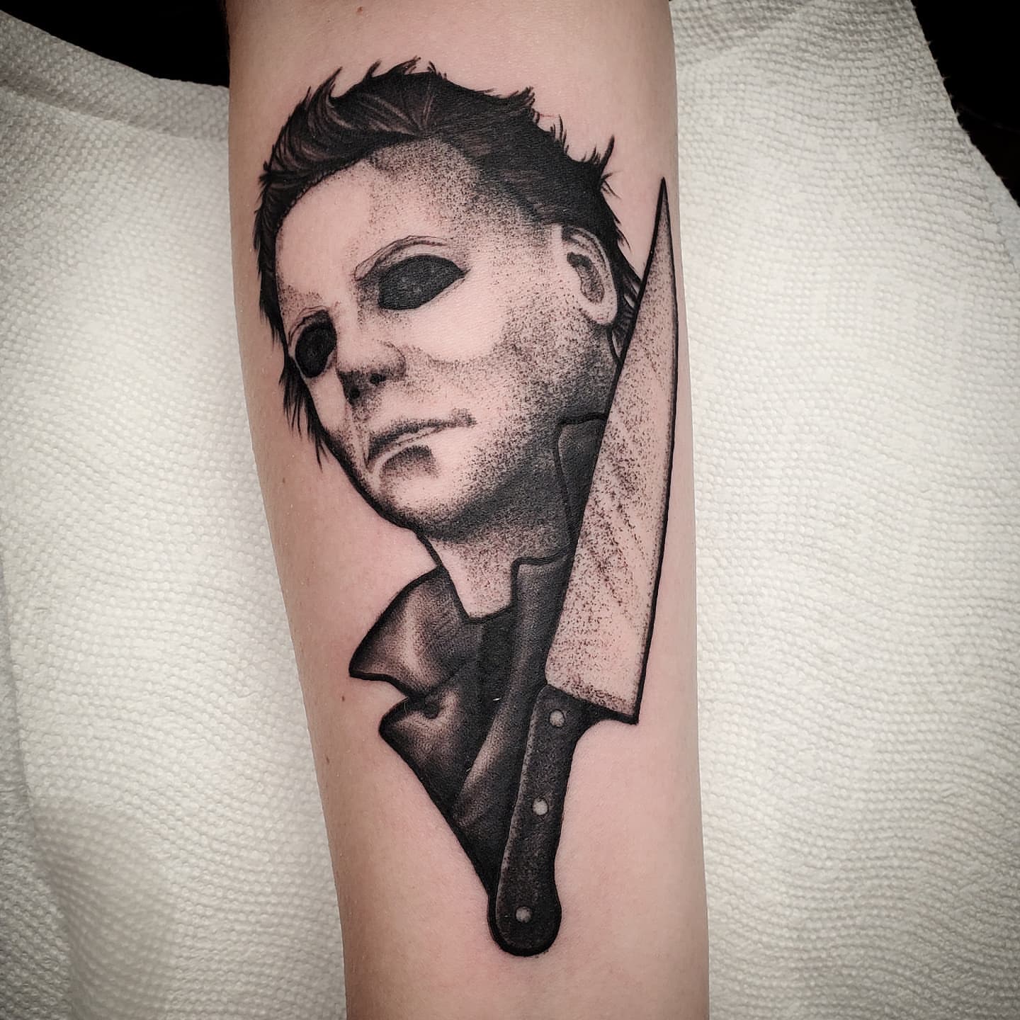 Michael Myers dotwork tattoo on the forearm by Kyle Black