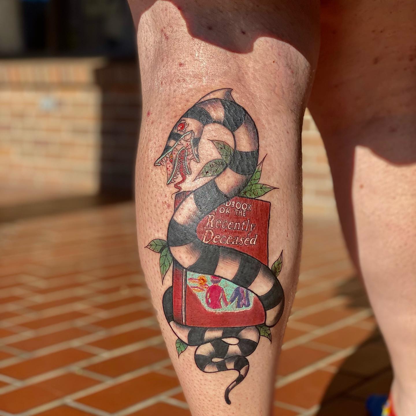 Snake and book American traditional tattoo on the leg by T, Saugus, Massachusetts
