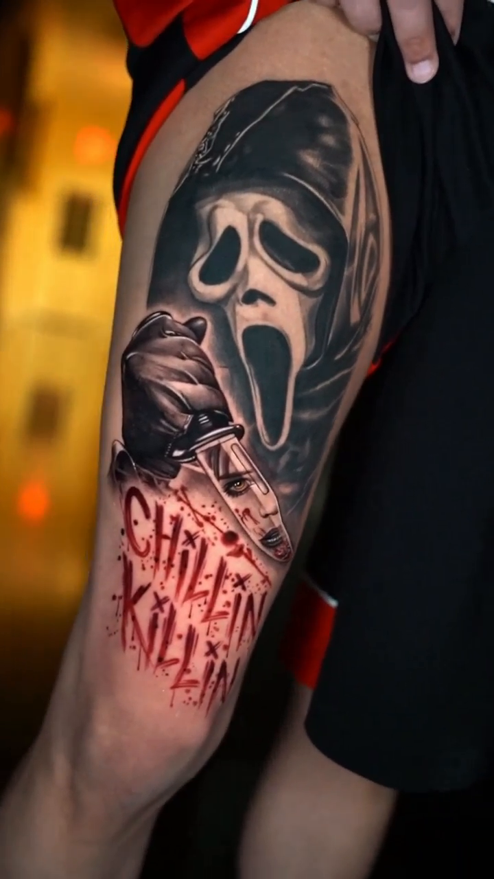 Ghostface mask and knife realism tattoo by Alan Delarosa