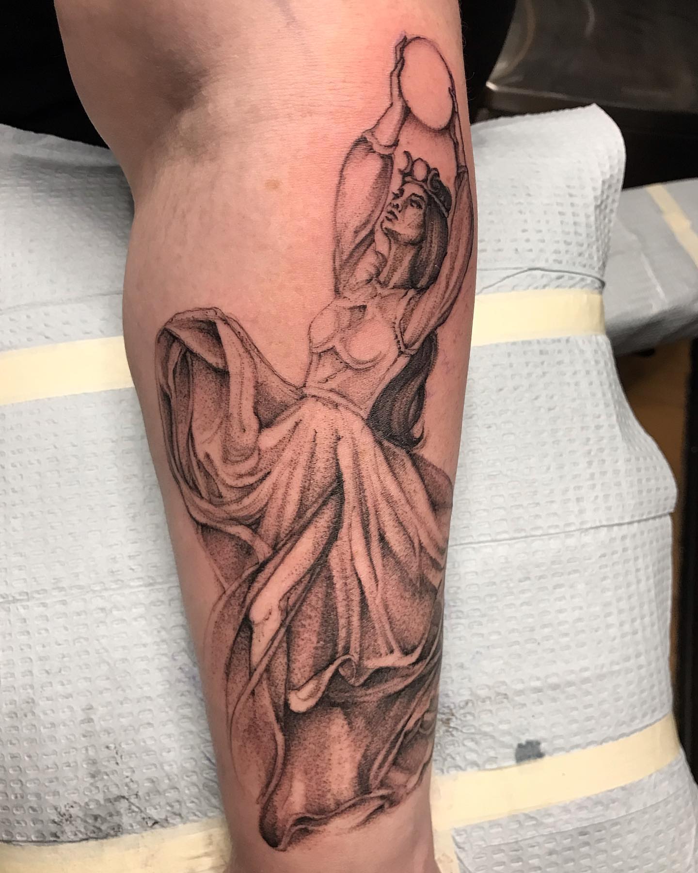 Dancer dotwork tattoo on the forearm by Sarah Spread