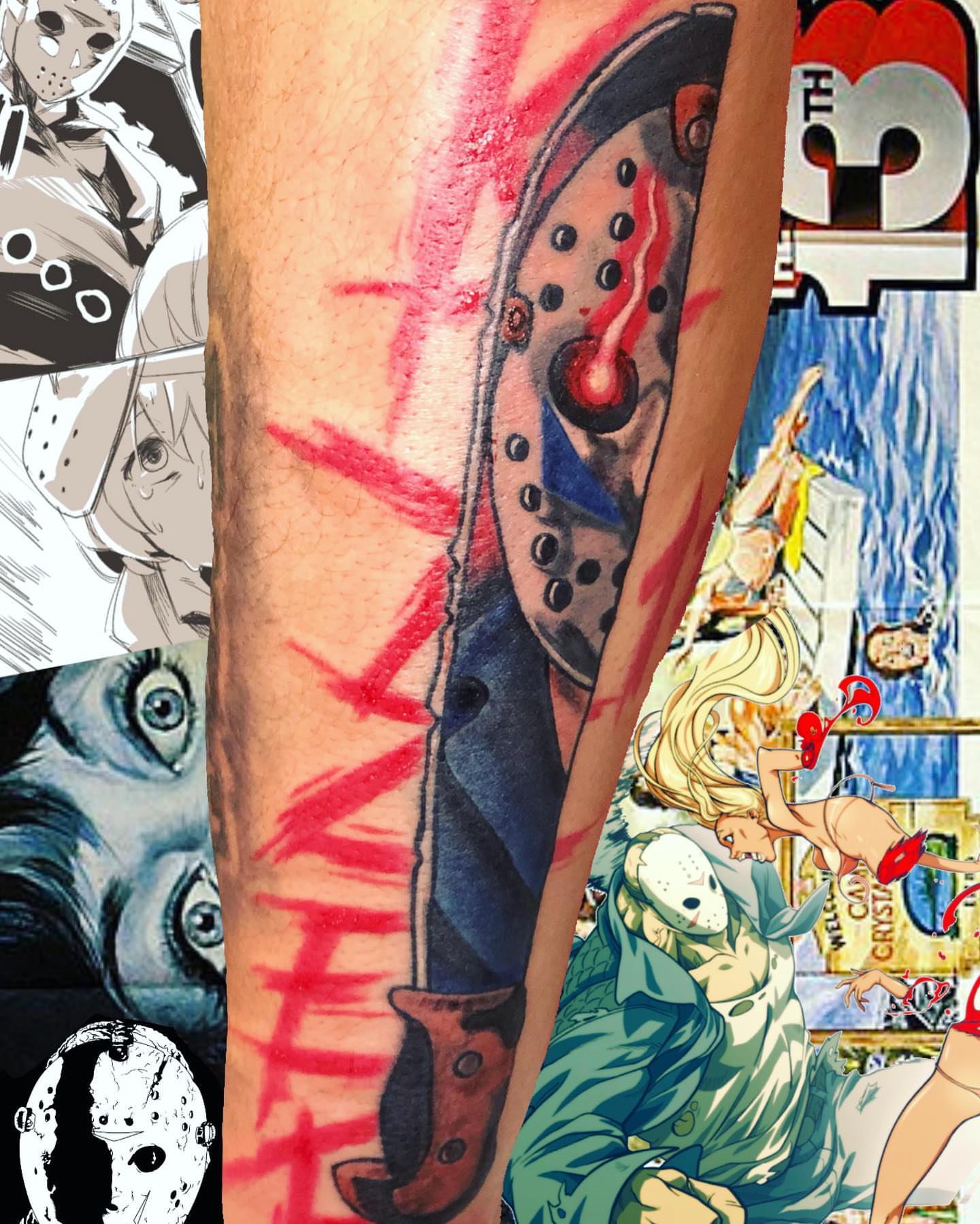 Mask and knife dark realism tattoo on the forearm by Dre Inks