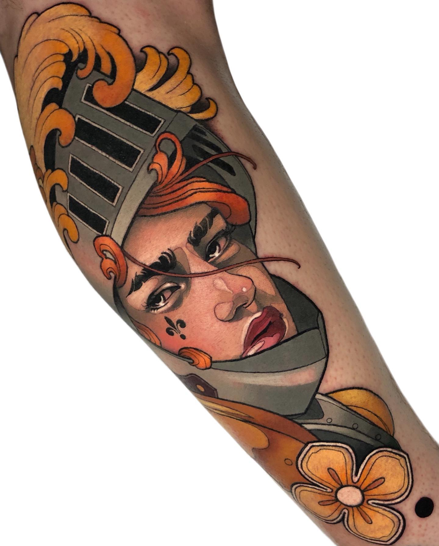 Portrait of a woman American traditional tattoo on the forearm by Levi Murphy