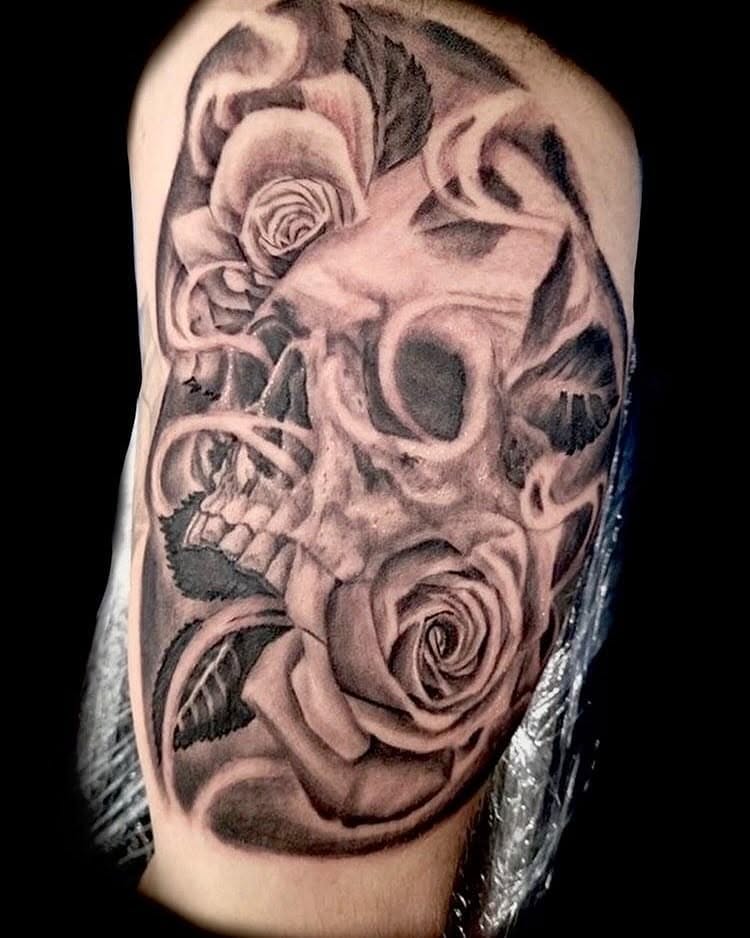 Tattoo by @tat2mushu — black_and_grey, realism