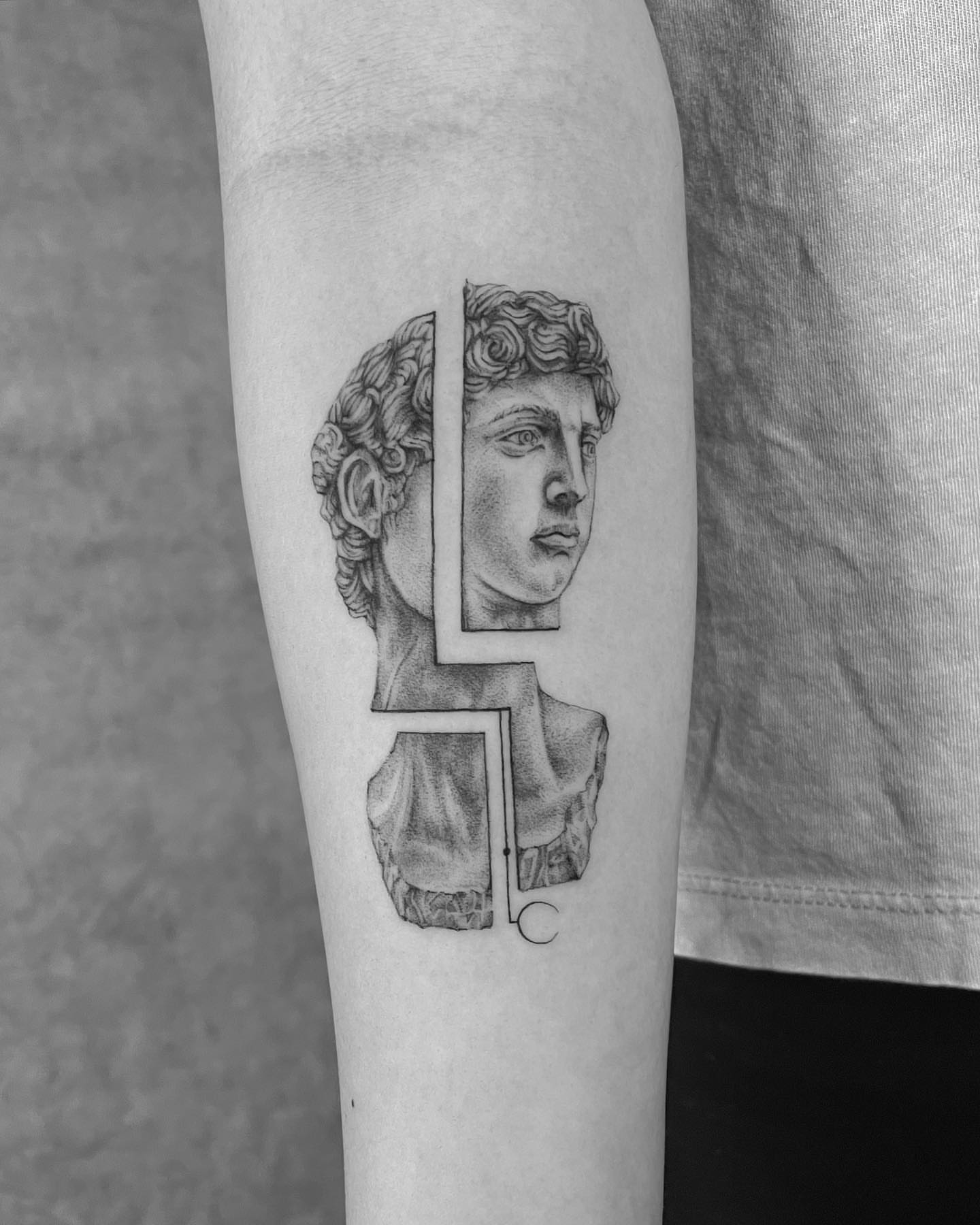 Statue head dotwork tattoo on the forearm by eugene k 🌈, San Francisco, California