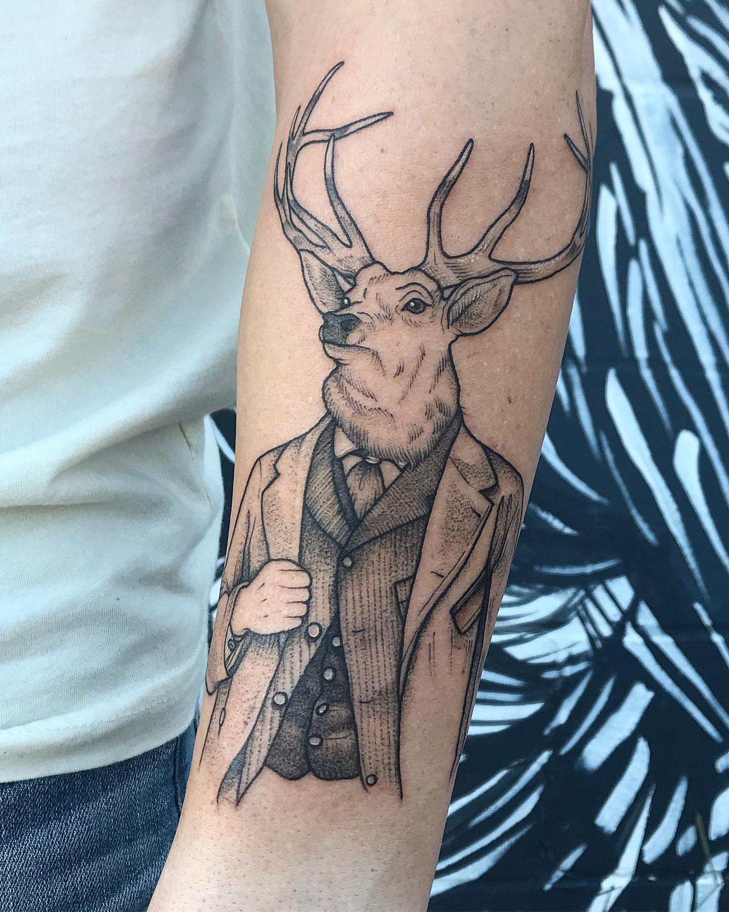 Deer in suit realism tattoo on the forearm by 🍓secret k. - Austin Tattoo Artist