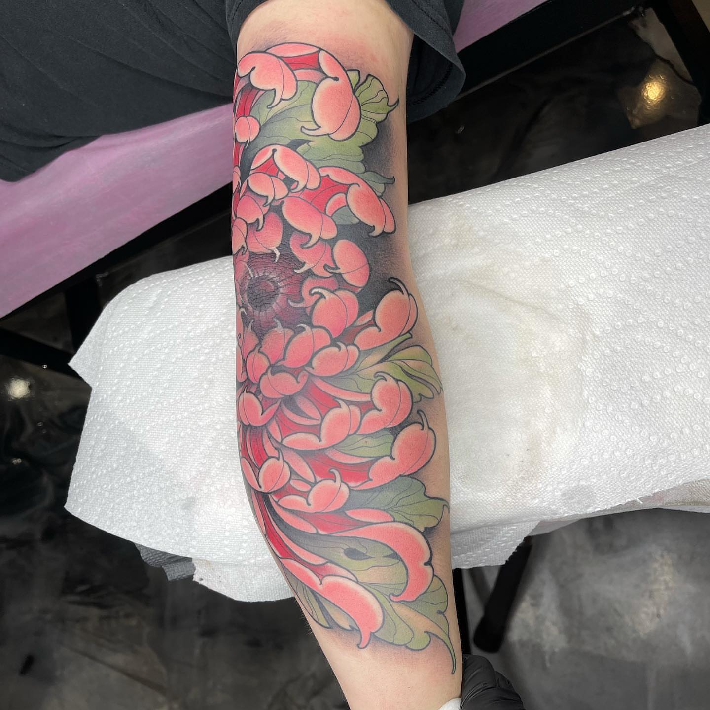 Chrysanthemum japanese irezumi tattoo on the forearm by ceci✨, Edinburg, Texas