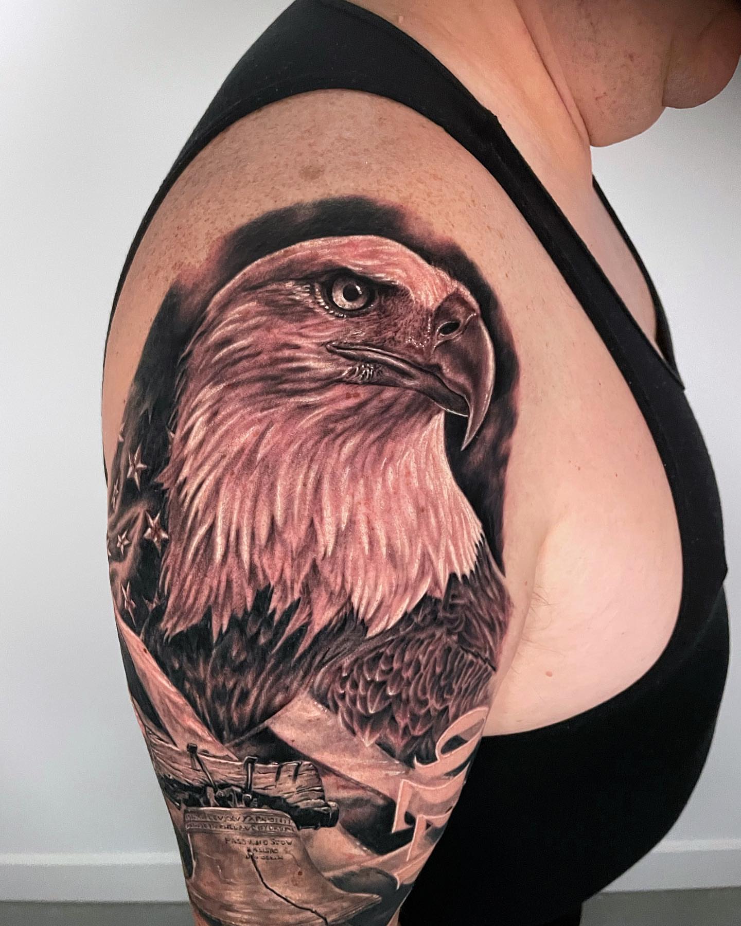 Eagle realism tattoo on the shoulder by Rusty Dornhecker, Columbus, Ohio