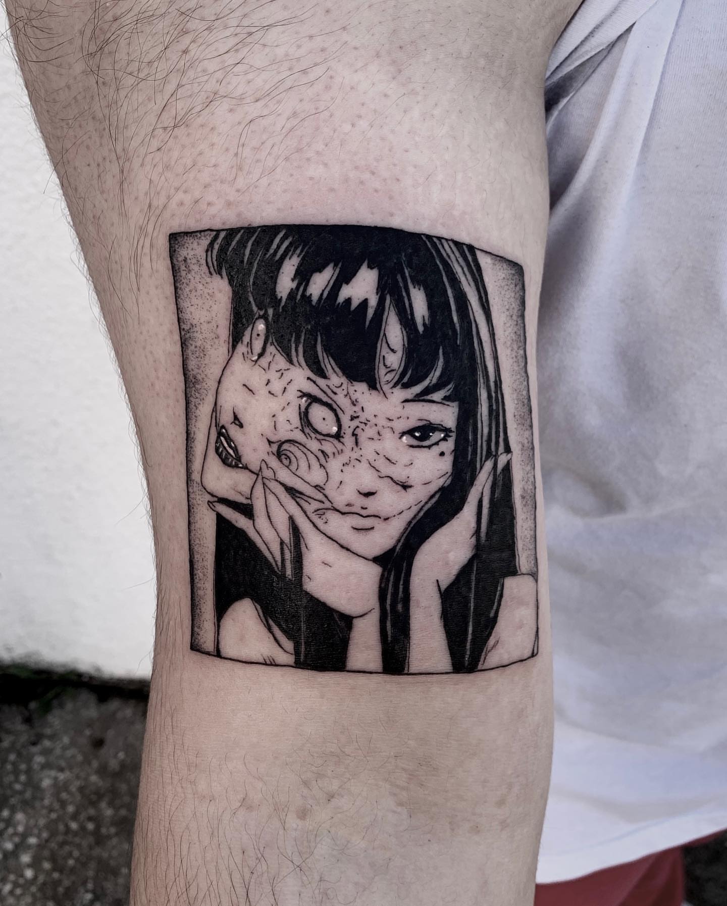 Anime character dotwork tattoo on the forearm by Jon Crook, Portland, Oregon