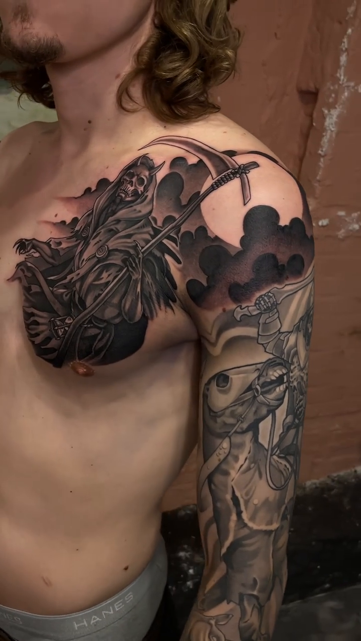 Grim reaper and mythological figures dark realism tattoo by Bradley Dozier