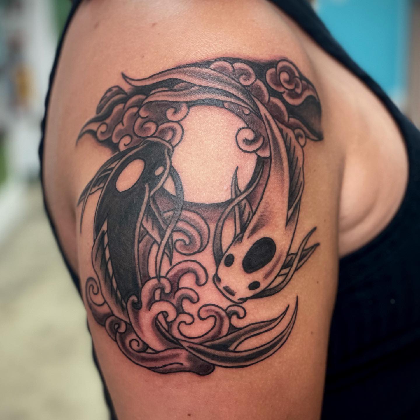 Koi fish japanese irezumi tattoo on the shoulder by Erin Stephens