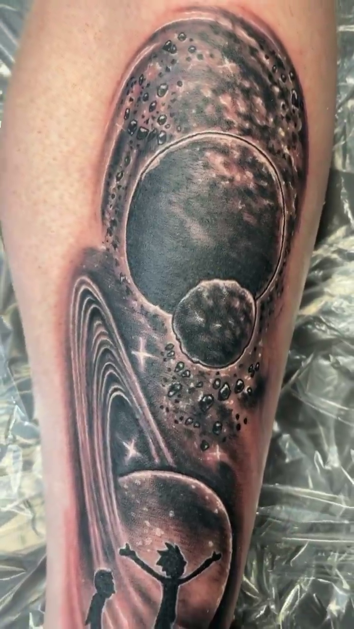 Space scene with planets and figures realism tattoo by ♠️KEITHKUSTOM♠️ San Antonio Tattoo Artist