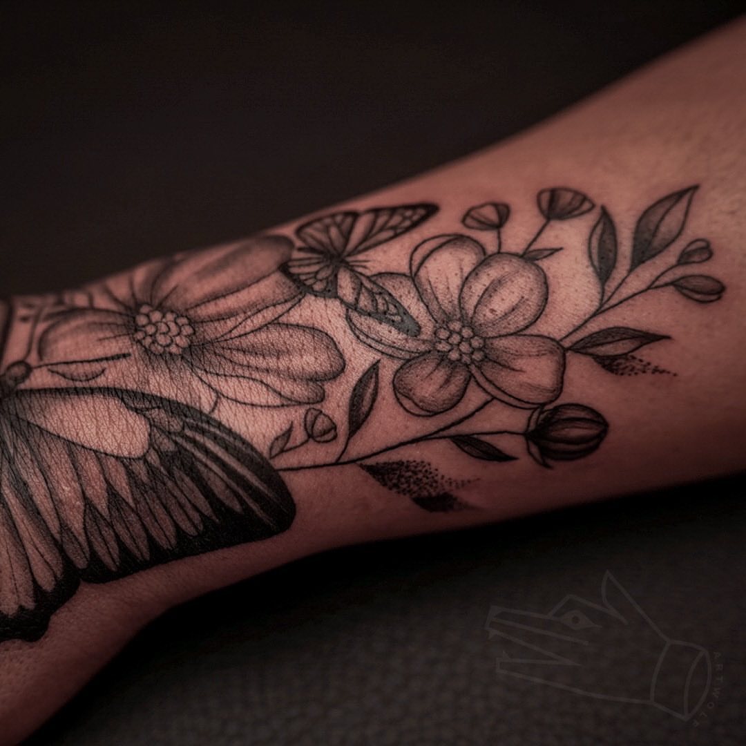 Flowers and butterfly dotwork tattoo on the forearm by ✧ Maria ✧