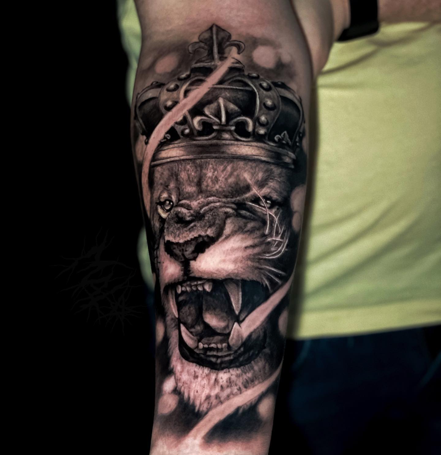 Lion with crown realism tattoo on the forearm by Matthew Diaz