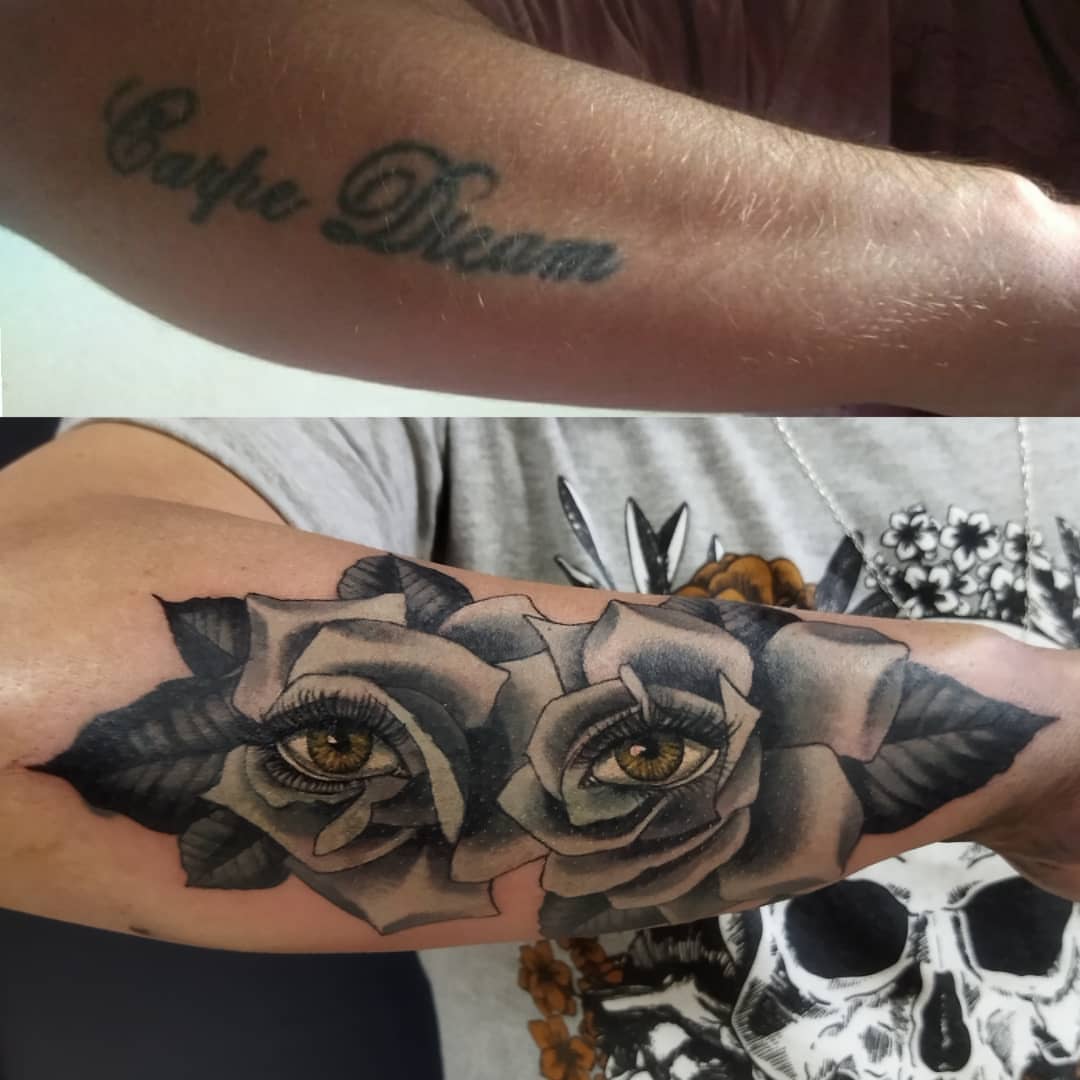 Eyes within roses realism tattoo on the forearm by Marquin π§π·
