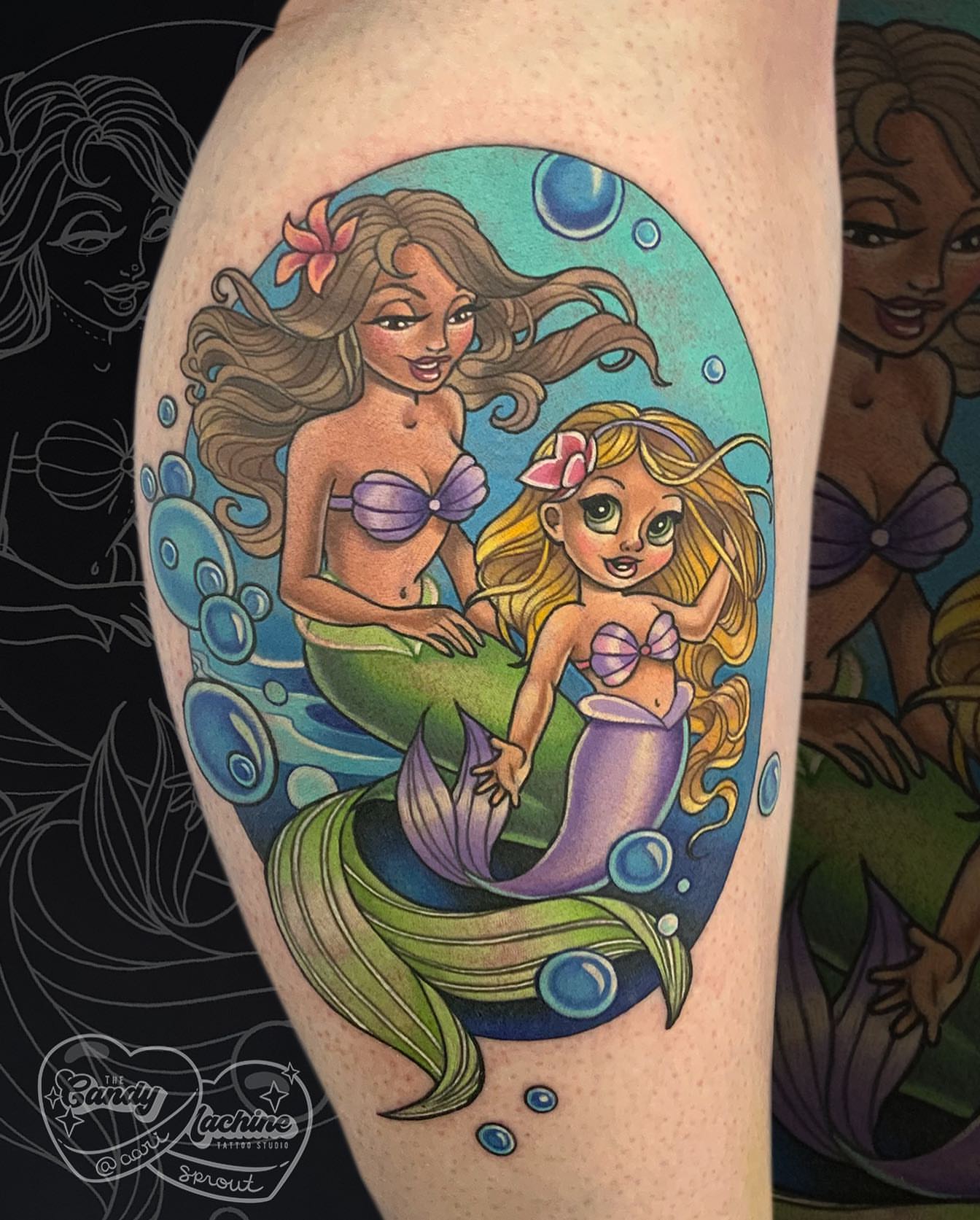 Mermaids illustrative tattoo on the forearm by Ariel Robinson